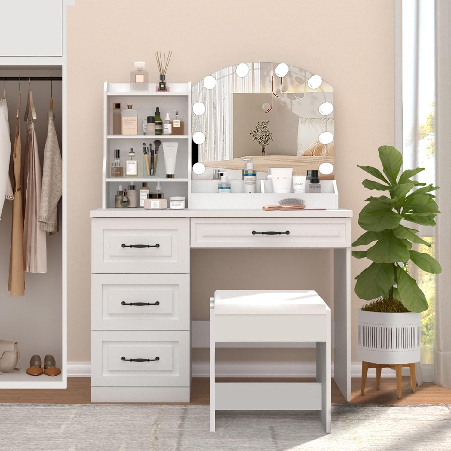 Vabches Makeup Vanity Desk with Mirror and Lights & Power Outl,White Dressing Table 3 Lighting Colors, 4 Drawers, Makeup Vanity Set for Bedroom