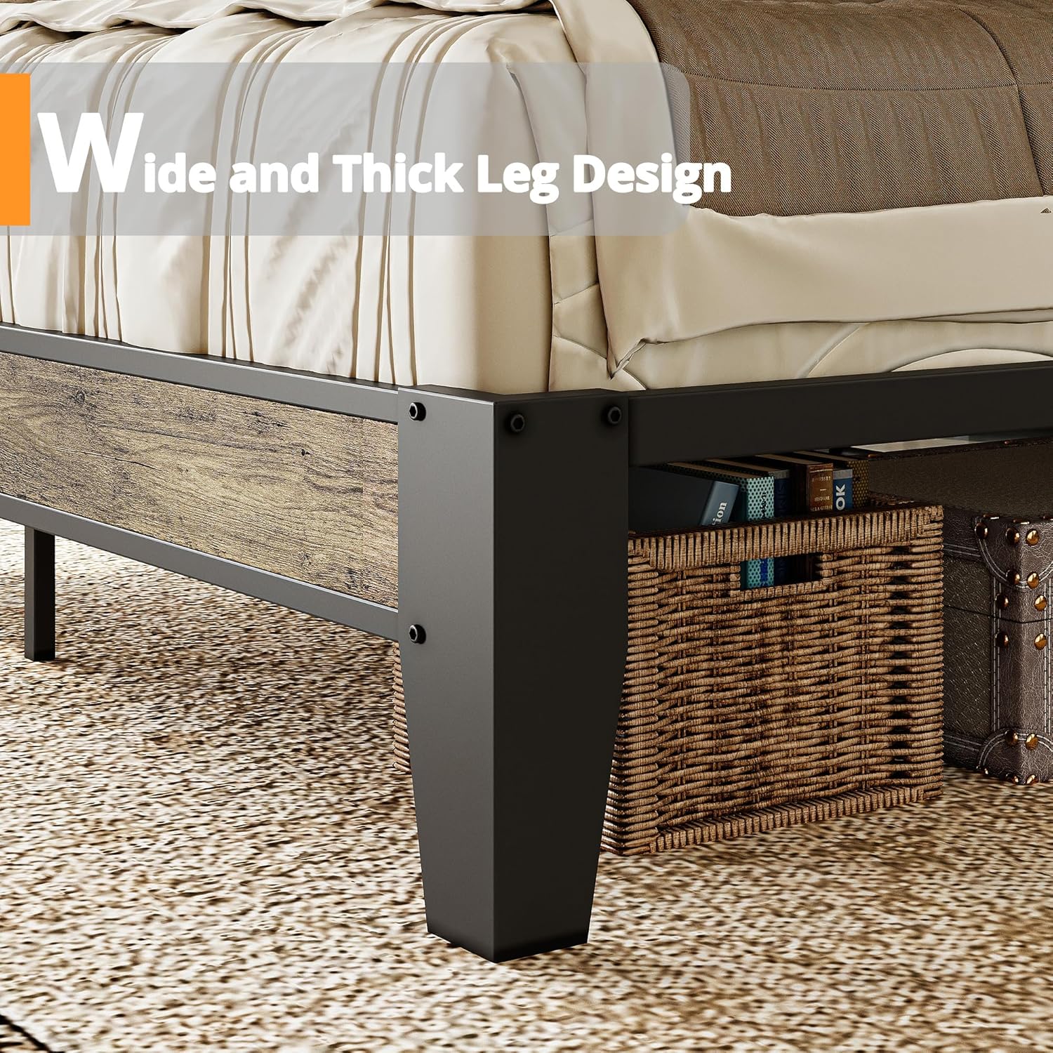 LIKIMIO King Bed Frame, Storage Headboard with Charging Station, Solid and Stable, Noise Free, No Box Spring Needed, Easy Assembly (Walnut and Beige)
