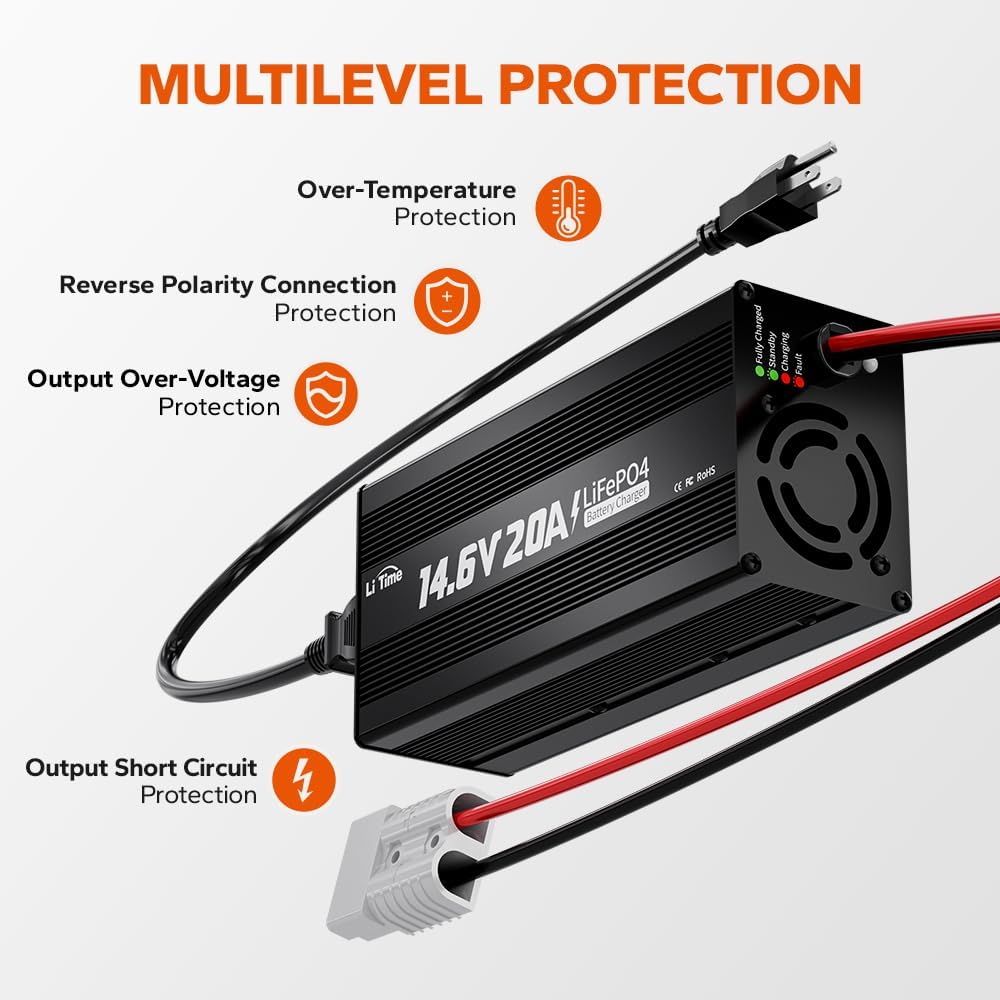LiTime 12V 20A Lithium Battery Charger 14.6V LiFePO4 Battery Charger AC-DC Smart Charger with Anderson Connector LED Indicator for LiFePO4 Deep Cycle Batteries of RV, Homes, Off-grid and Solar Systems
