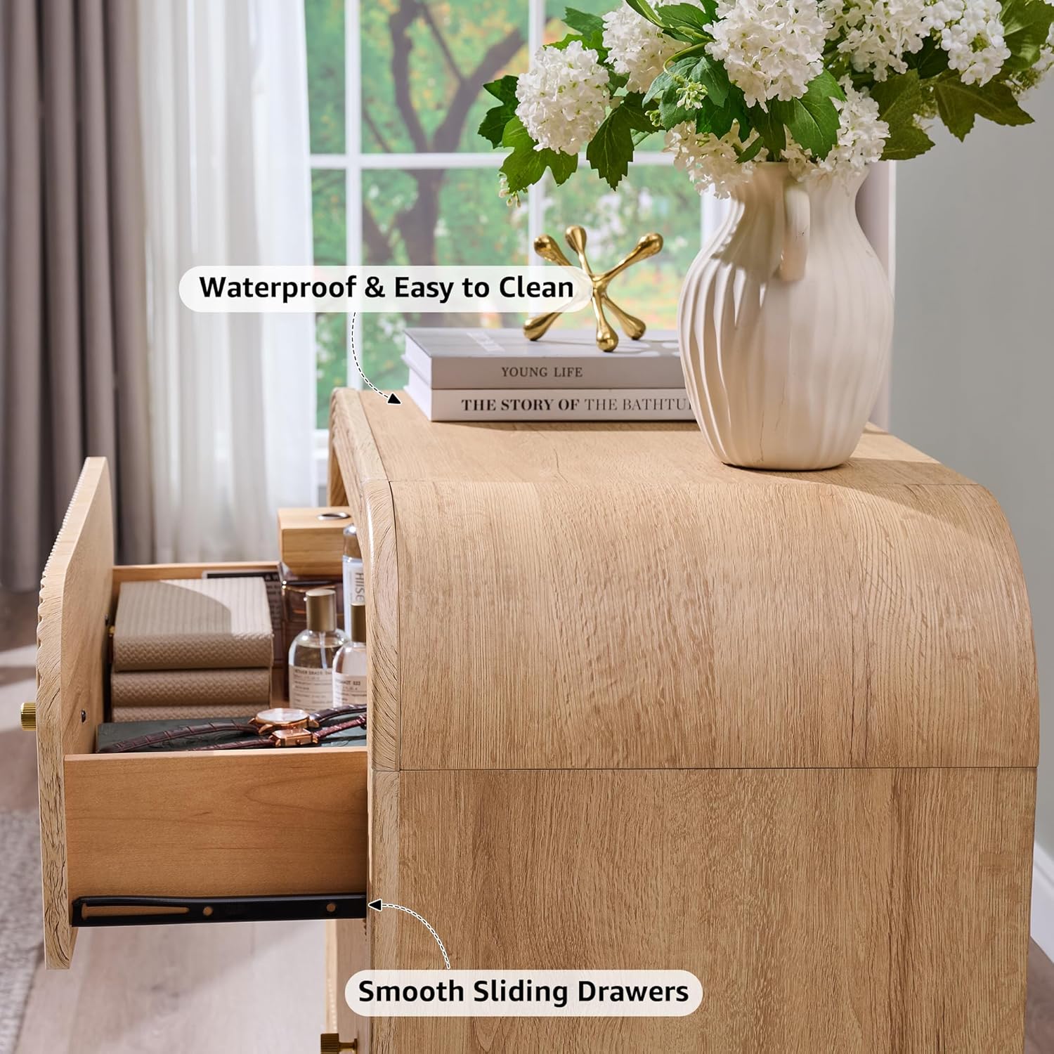 T4TREAM 32" Fluted Nightstand Set of 2, Large 3 Drawers Bedside Table with Charging Station, Modern End Table with Storage Night Stand for Bedroom, Living Room, Round Curved Corner Design, Natural Oak