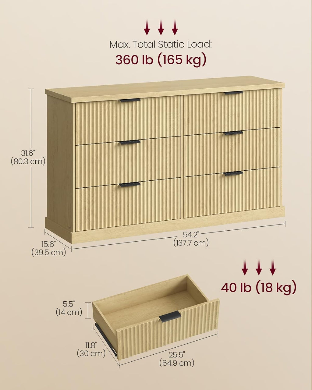 VASAGLE MAXE Collection - 6-Drawer Double Dresser for Bedroom, 54.2-Inch Wide Chest of Drawers, Fluted Panels, Mid Century Modern Storage Dresser, TV Stand for Living Room, Oak Beige ULTS662YC01S