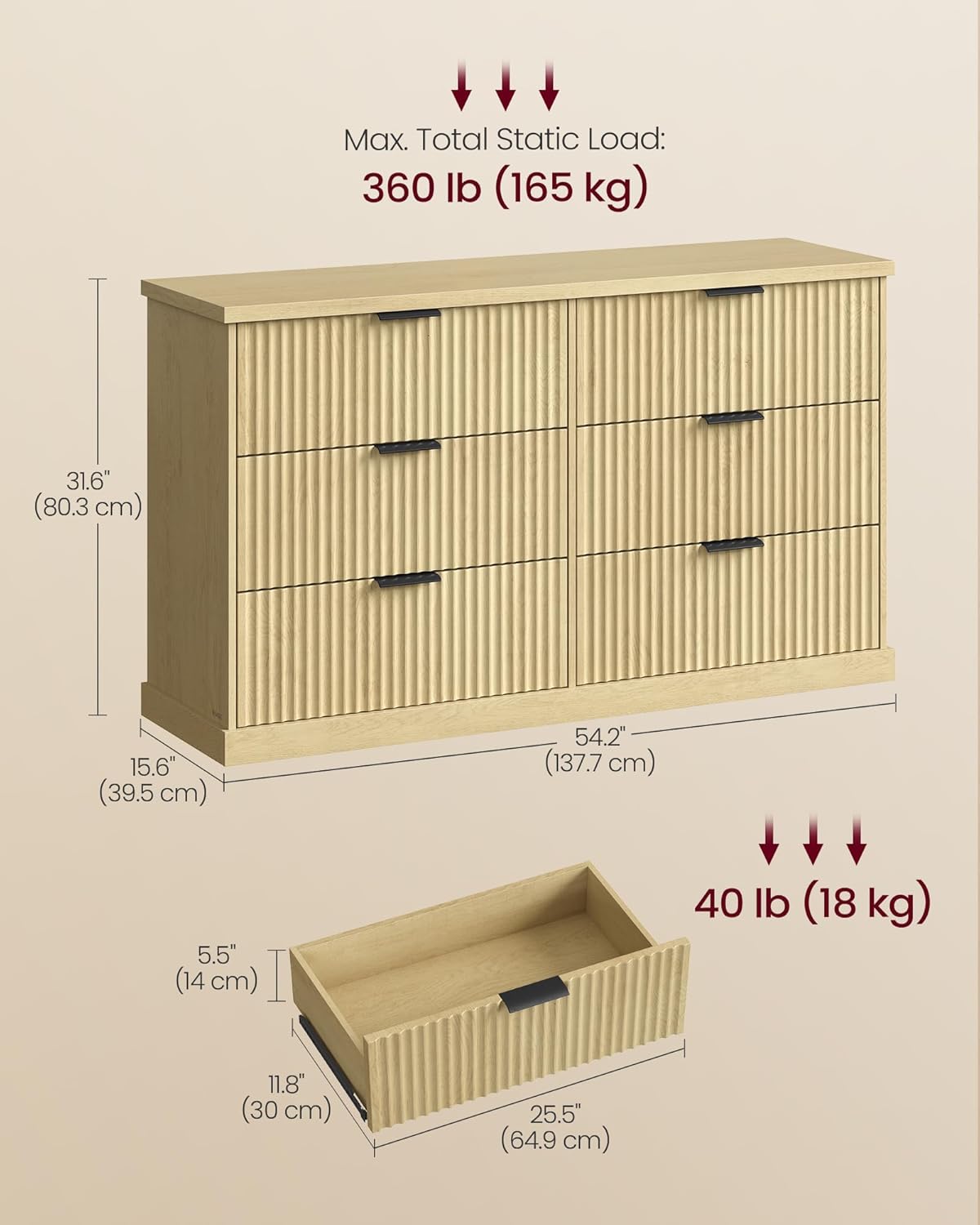 VASAGLE MAXE Collection - 6-Drawer Double Dresser for Bedroom, 54.2-Inch Wide Chest of Drawers, Fluted Panels, Mid Century Modern Storage Dresser, TV Stand for Living Room, Oak Beige ULTS662YC01S