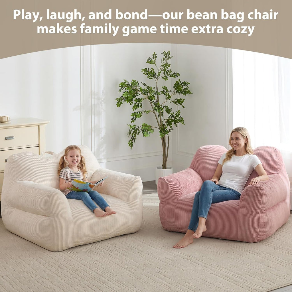 HUGHEAVEN Big Bean Bag Chair for Adults & Kids, Giant Oversized Bean Bag Couch, Comfy Reading Chair with Armrests, Soft Cozy Chair for Bedroom, Lounge Sofa for Gaming, Napping & Relaxing, Beige