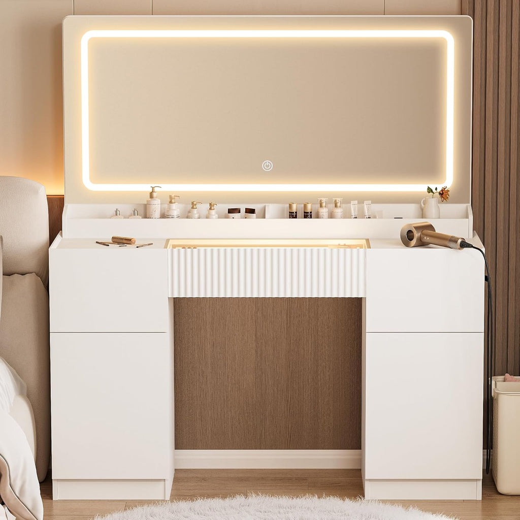 INNOD 44" Vanity Desk with Large Mirror and Lights, Modern Glass Top Makeup Vanity Set with Power Outlet, 3 Drawers and 2 Cabinet, 3 Lighting Color Adjustable Dressing Table for Bedroom,Pure White
