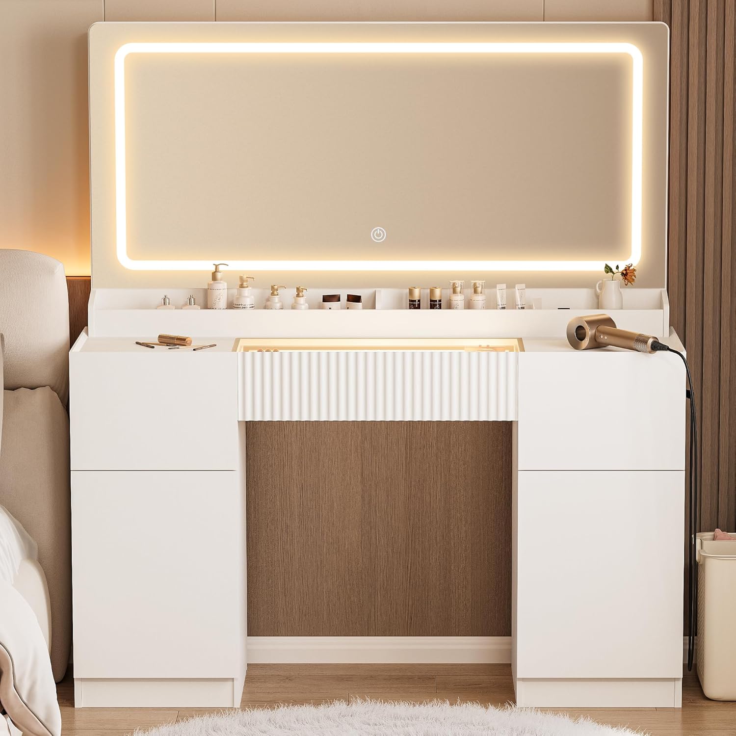 INNOD 44" Vanity Desk with Large Mirror and Lights, Modern Glass Top Makeup Vanity Set with Power Outlet, 3 Drawers and 2 Cabinet, 3 Lighting Color Adjustable Dressing Table for Bedroom,Pure White
