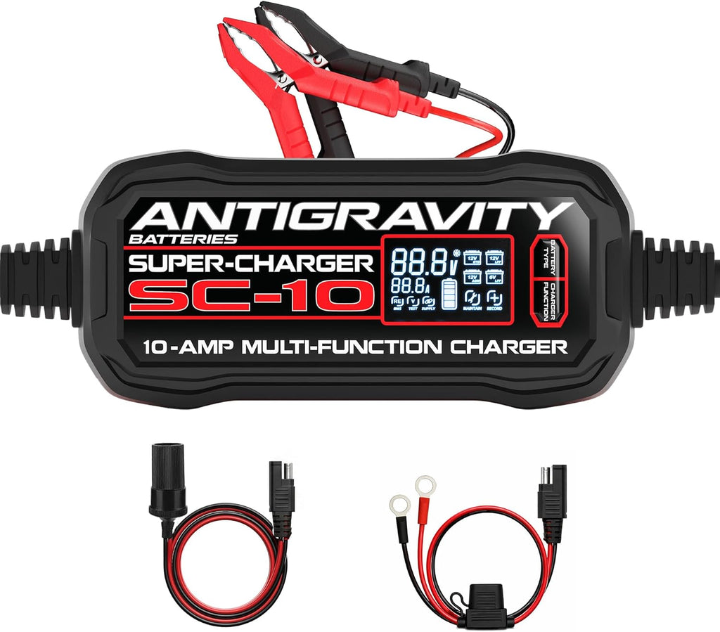 Antigravity SC-10 Super-Charger 10A Smart Battery Charger & Maintainer for 6V/12V Lithium (LiFePO4) & 12V Lead-Acid Batteries – Wall-Powered, LCD Display, Power Supply Mode, BMS Reset
