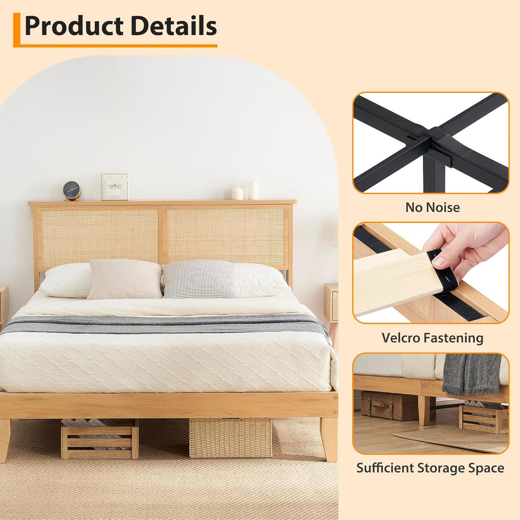 Garvee Full Size Rattan Bed Frame, Bohemian Rattan Bed Frame Full with Natural Headboard, LED Lights, No Box Spring Needed