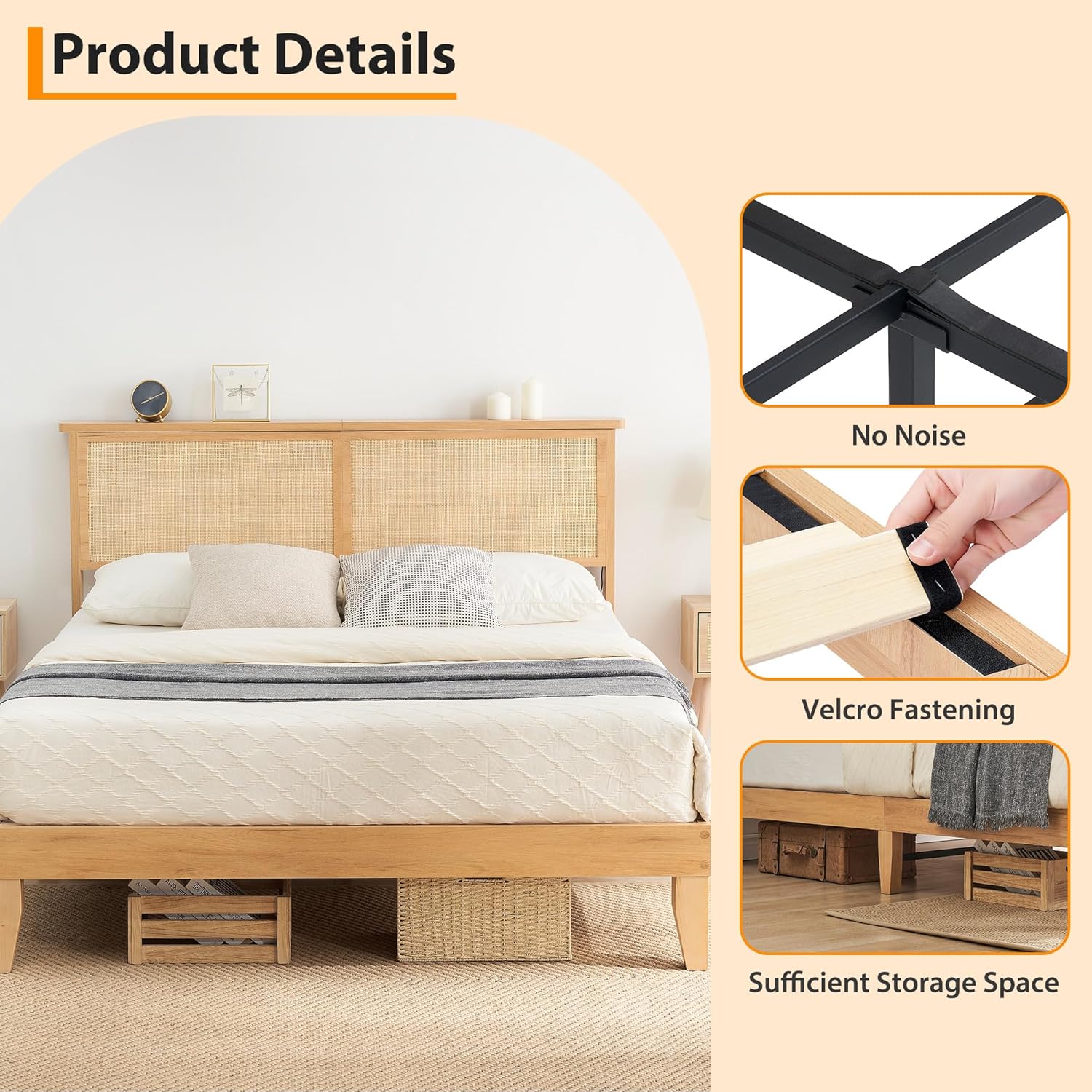 Garvee Full Size Rattan Bed Frame, Bohemian Rattan Bed Frame Full with Natural Headboard, LED Lights, No Box Spring Needed