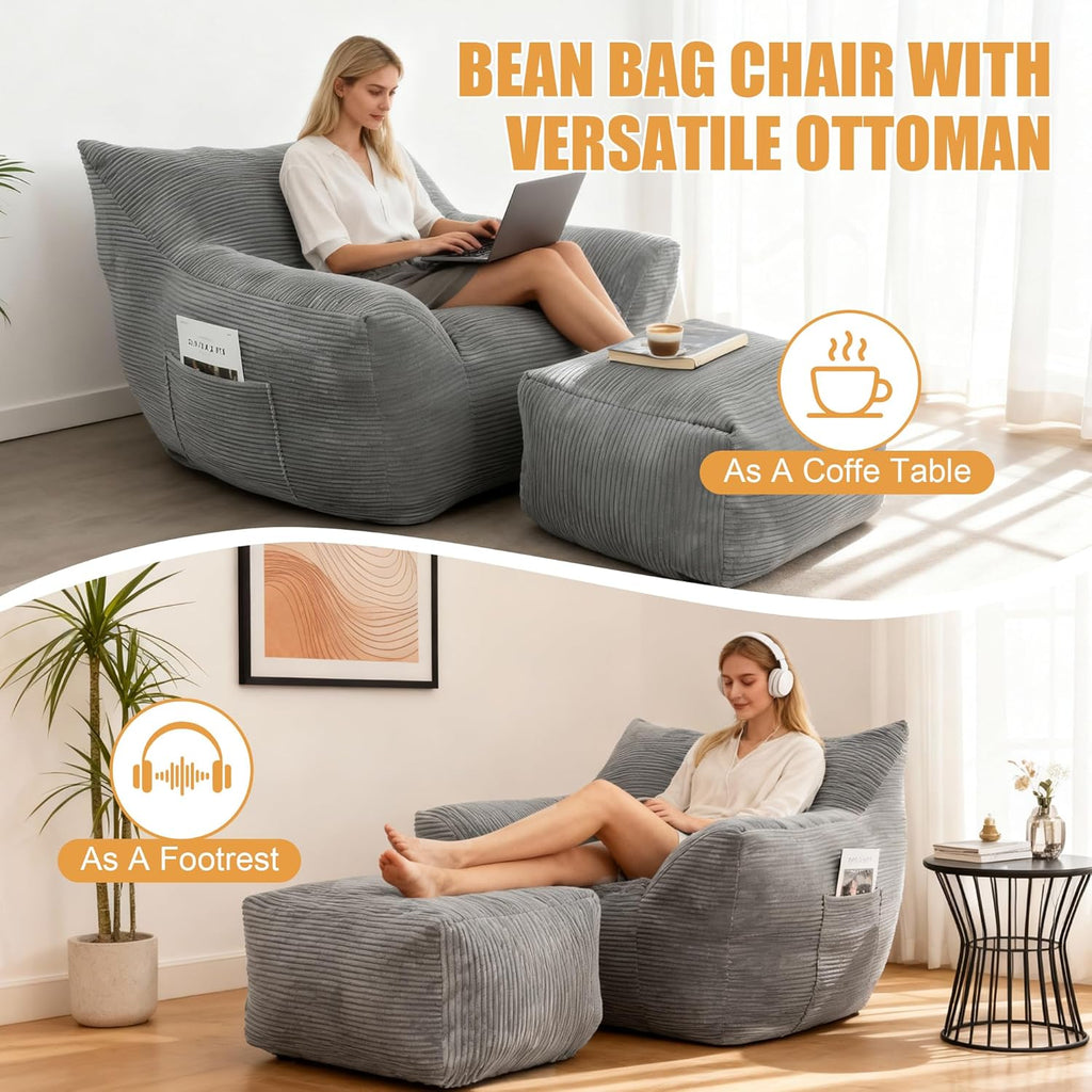 Oversized Bean Bag Chair with Ottoman, Bean Bag Couch with 2 Side Pockets, Corduroy Boneless Couch Chair in a Box, Comfy Lounge Chair for Living Room, Bedroom, Dorm, Gray