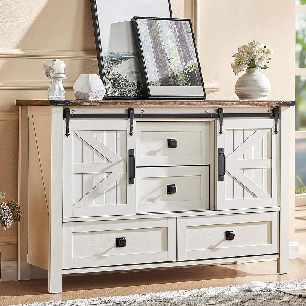 AMERLIFE 5-Piece Farmhouse Bedroom Furniture Set, Dresser & Nightstand Set of 2 with Storage Cabinet & Sideboard, Sliding Barn Door Wood Bedroom Set for Bedroom/Living Room, Distressed White