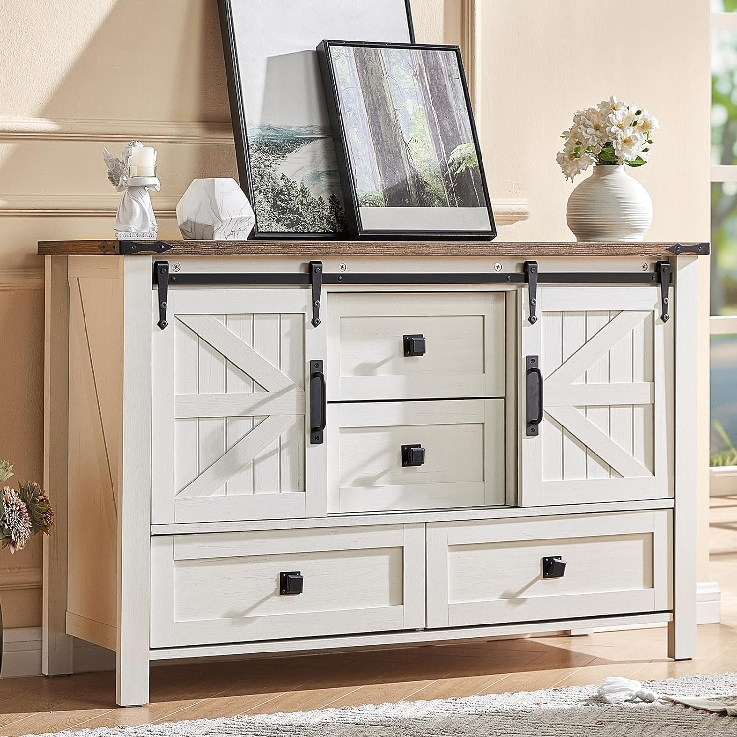 AMERLIFE 5-Piece Farmhouse Bedroom Furniture Set, Dresser & Nightstand Set of 2 with Storage Cabinet & Sideboard, Sliding Barn Door Wood Bedroom Set for Bedroom/Living Room, Distressed White