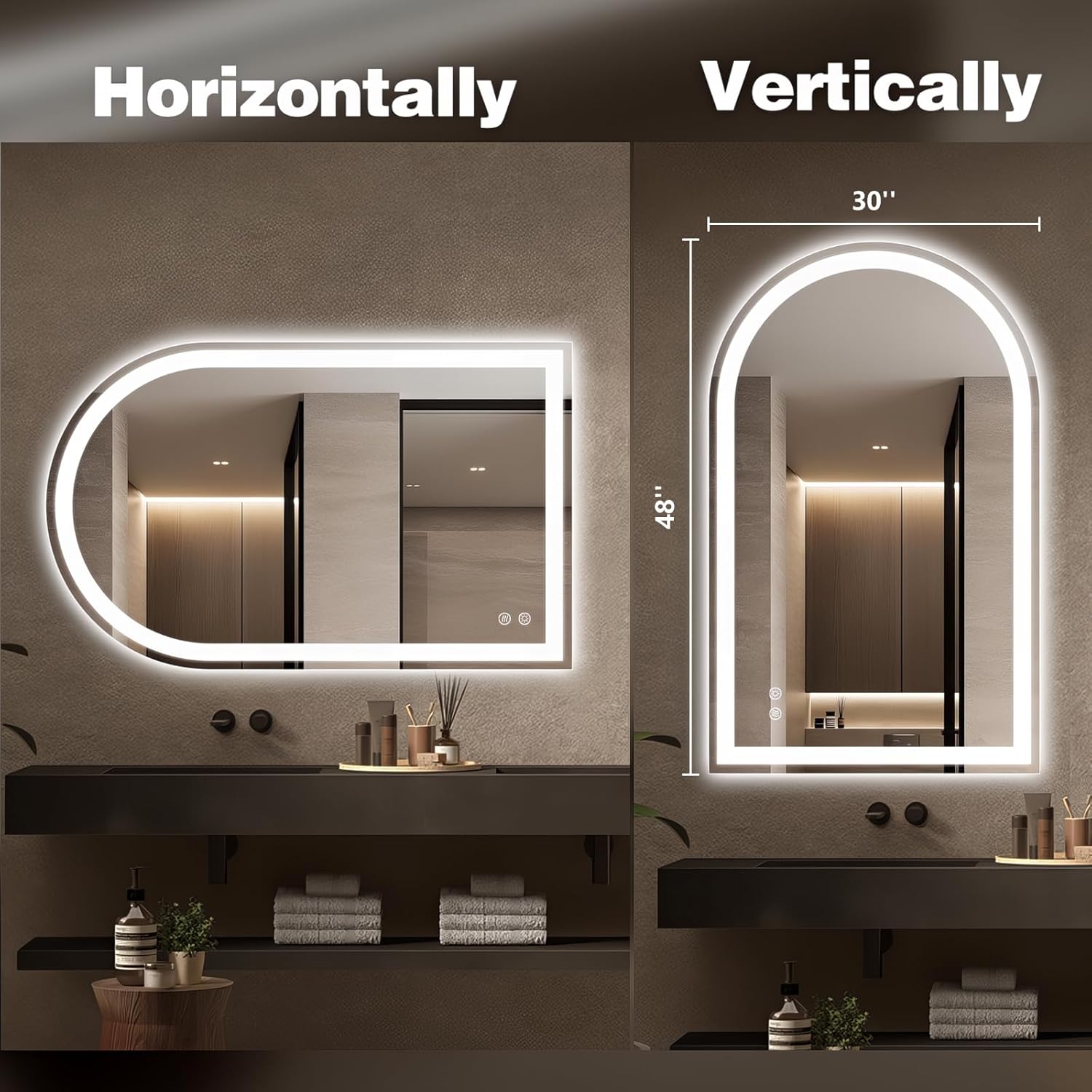 Niccy Arched LED Bathroom Mirror, 48x30 Arch Wall Mounted Frameless Bathroom Mirror for Vanity, Smart Lighted Frontlit Mirrors with Memory Function for Bathroom Bedroom Beauty Hair Salon