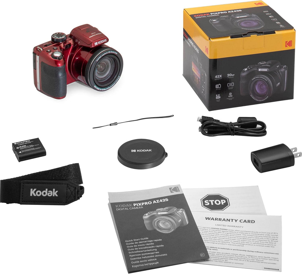 Kodak PIXPRO AZ425 Digital Camera + 32GB Memory Card + Camera Case (Black) + Battery + Charger + USB Card Reader + Table Tripod + Accessories (Red)