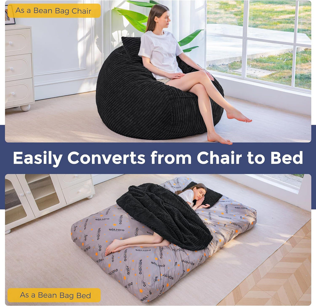 MAXYOYO Giant Bean Bag Chair Bed with Pillow, Convertible Beanbag Sofa to Floor Bed, Lazy Chair Couch with Removable Cover, High-Density Shredded Foam Filling, Cozy Lounge for Bedroom Living Room
