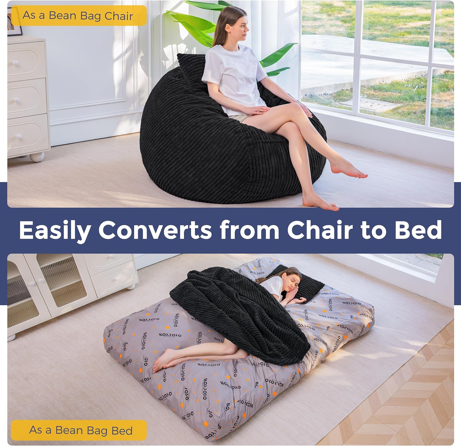 MAXYOYO Giant Bean Bag Chair Bed with Pillow, Convertible Beanbag Sofa to Floor Bed, Lazy Chair Couch with Removable Cover, High-Density Shredded Foam Filling, Cozy Lounge for Bedroom Living Room