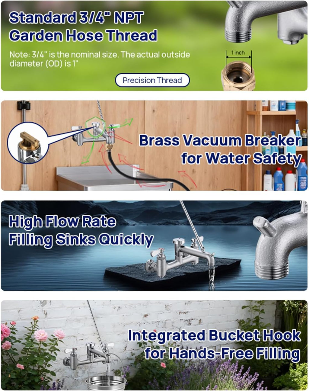 Commercial Mop Sink Faucet 8" Center Wall Mount, Heavy-Duty Service Sink Faucet with Vacuum Breaker 3/4" Hose Thread, for Industrial Outdoor Janitor Floor Mop Sink, Brass Casted Chrome Finish
