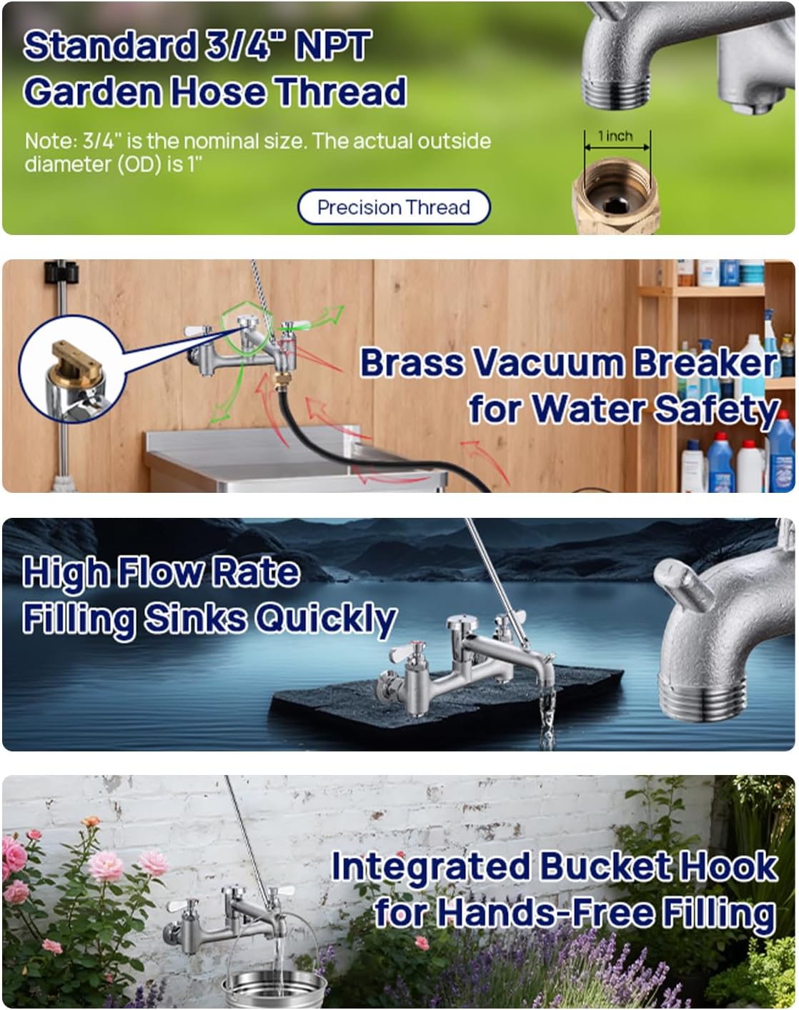 Commercial Mop Sink Faucet 8" Center Wall Mount, Heavy-Duty Service Sink Faucet with Vacuum Breaker 3/4" Hose Thread, for Industrial Outdoor Janitor Floor Mop Sink, Brass Casted Chrome Finish