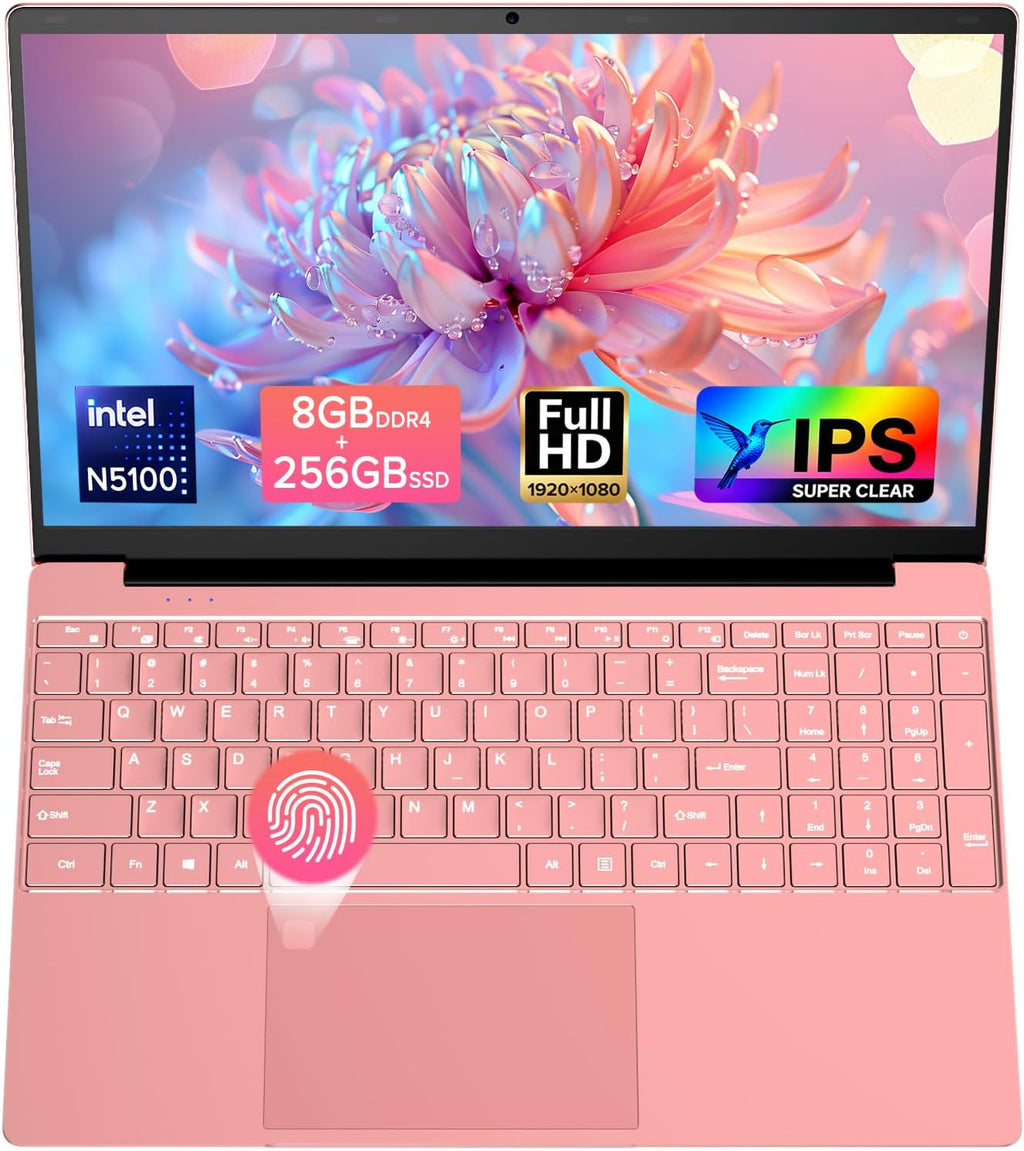 2026 Latest Laptop Computer Notebook,15.6" IPS FHD Display,8GB RAM 256GB SSD,Celeron N5100 Processor,WiFi5,BT5.0,USB3.0,Backlit keyboard,Fingerprint for Business Home Office and Students,Rose Gold
