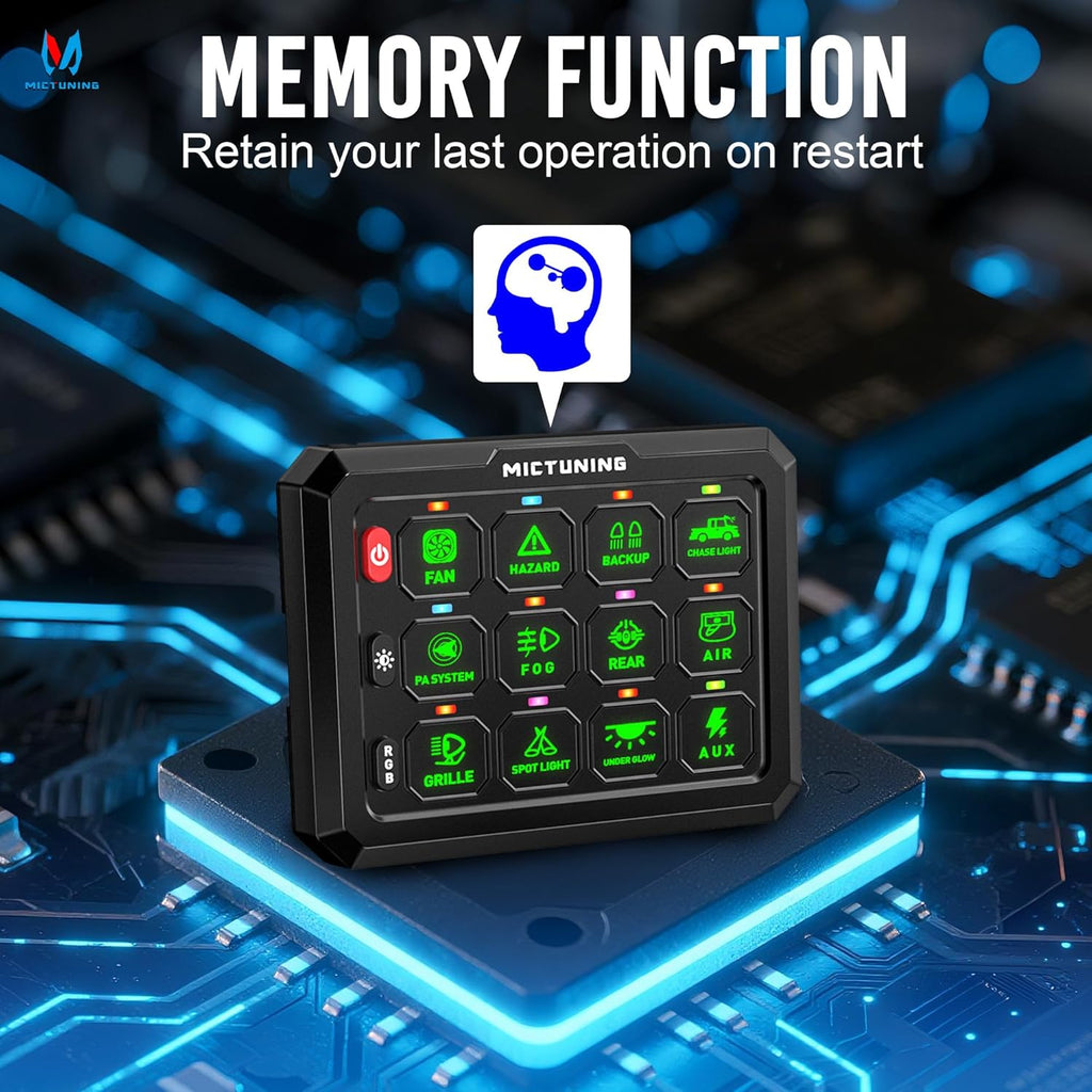 MICTUNING P1C RGB 12 Gang Switch Panel, IP67 Waterproof 4 Control Modes LED Control Panel Box Electronic Relay System Switch Box Universal for Car Boat Marine Caravan, 2 Years Warranty