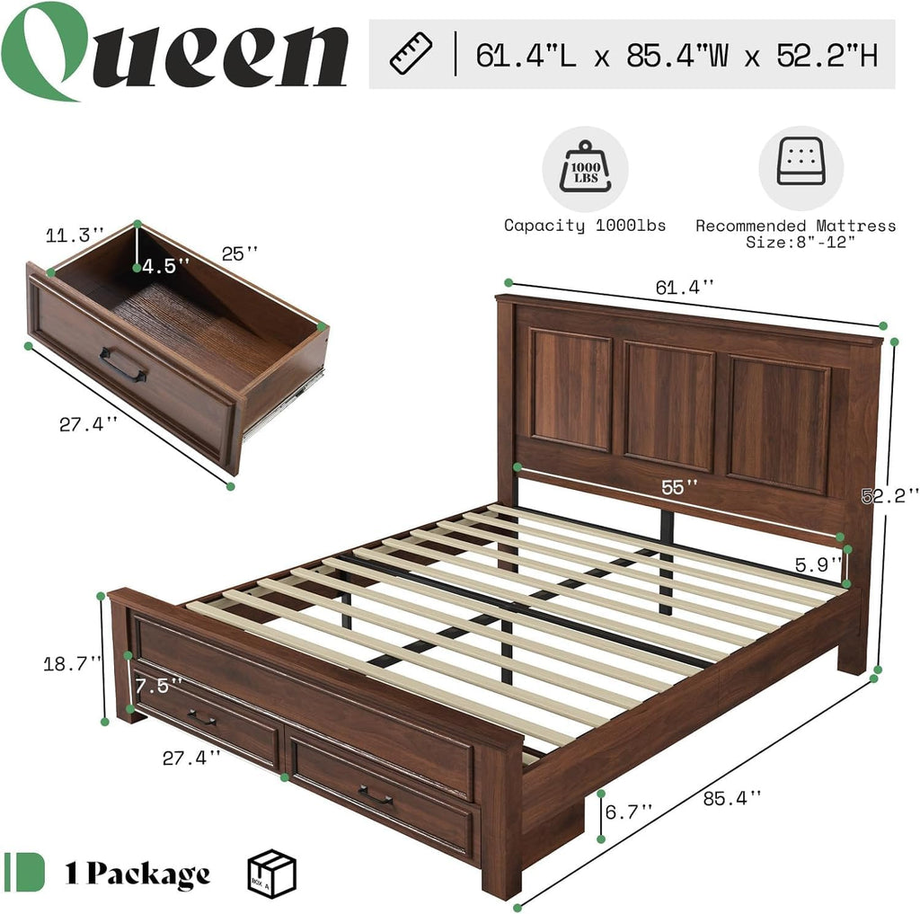 AMERLIFE Farmhouse Queen Size Bed Frame with 52.2" Tall Headboard & Footboard, Wood Platform Bed Frame with 2 Large Storage Drawers, Noiseless, No Box Spring Needed, Rustic Brown