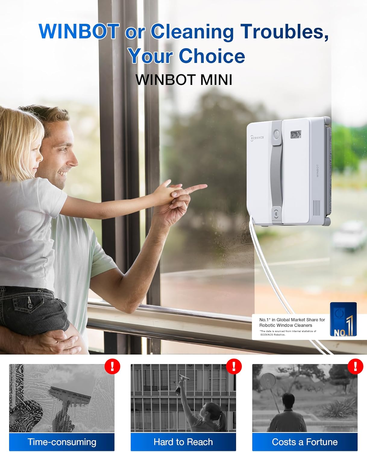 ECOVACS (2026 Version) WINBOT Mini Window Cleaning Robot - Compact Design, Dual Nozzles with Ultrasonic Spray, 9-Stage Protection System, Intelligent Path Planning, 3 Cleaning Modes