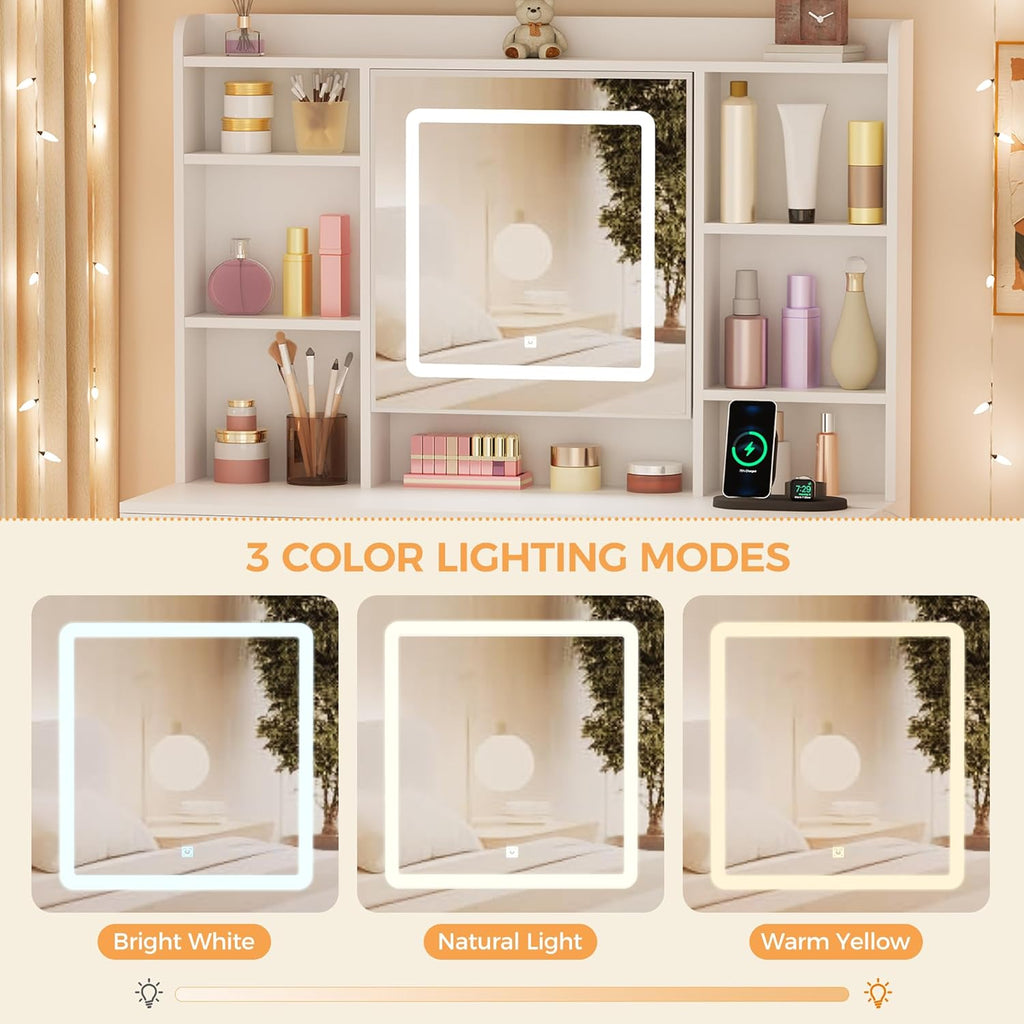BEWISHOME Vanity Desk with Mirror and Lights, Makeup Vanity Table with Power Outlet,Stool Vanity Table with 9 Drawers 6 Storage Shelves Jewelry Storage,Dressing Table for Bedroom Girls White FST36W