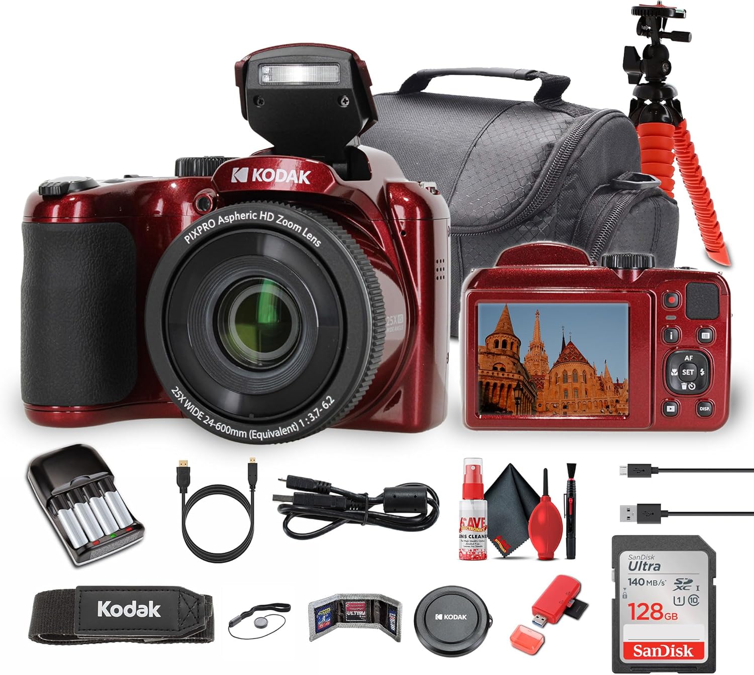 Kodak Pixpro AZ255 Digital Camera in Red (AZ255RD) Bundle Including: 128 GB Memory Card, Rechargeable Batteries, Case, Flexible Tripod, Neck Strap, Lens Caps, Full Cleaning Kit, More Accessories