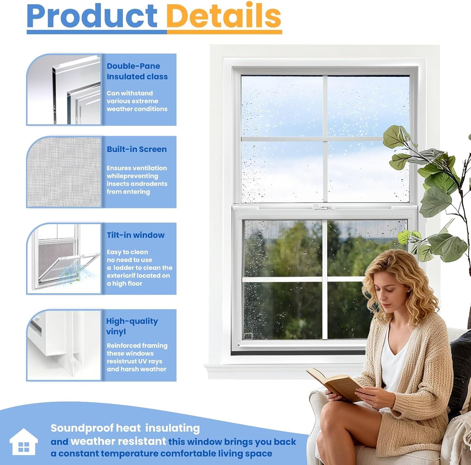 Vinyl Single Hung Window, 24" x 36" Household Sliding Window with Double-Pane Insulated Tempered Glass, Lower Tilt Sash Screen Included Window for House, Mobile Home (White)