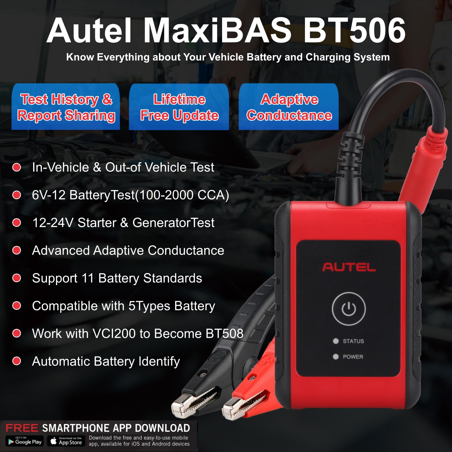 Autel MaxiBAS BT506 Car Battery Tester, 6V 12V Batteries: 100-2000 CCA Vehicle Battery Analyzer, Top Accuracy Adaptive Conductance, Battery Load Test for All Vehicles