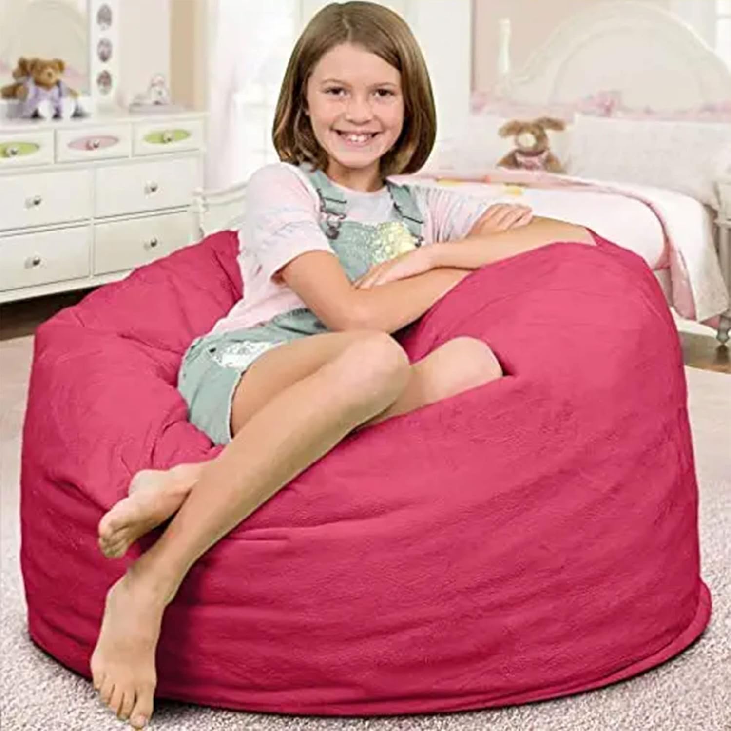 ULTIMATE SACK 3000 3-Foot Bean Bag Chair, Pink Fur Cover – Oversized Foam Lounger, Floor Seat, Small Sofa, or Couch Bed for Living Area, Gaming Room, or Reading Lounge