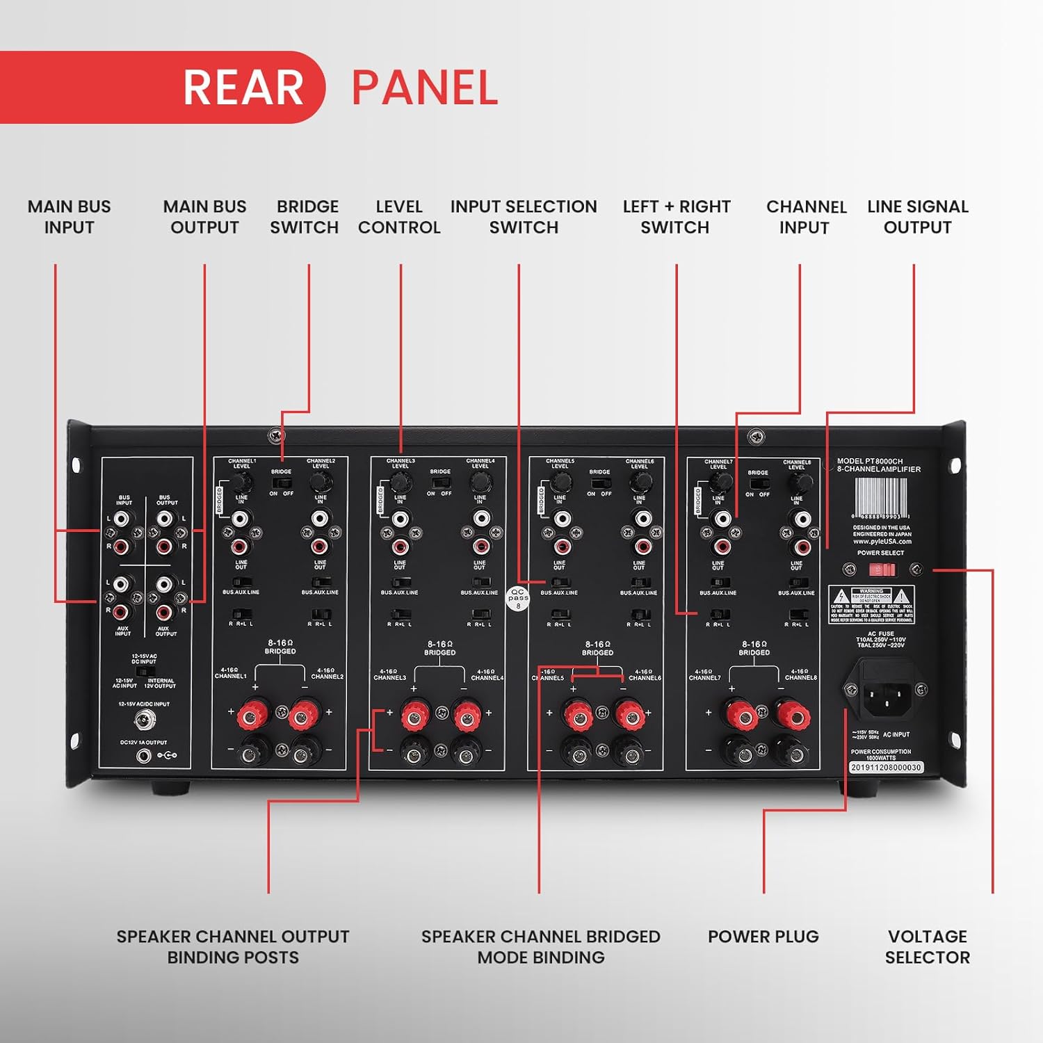 Pyle 4 Multi-Zone Stereo Amplifier - 19” Rack Mount, Powerful 8000 Watts with Speaker Selector Volume Control & LED Audio Level Display, 4-Ch. Bridgeable Switches - PT8000CH