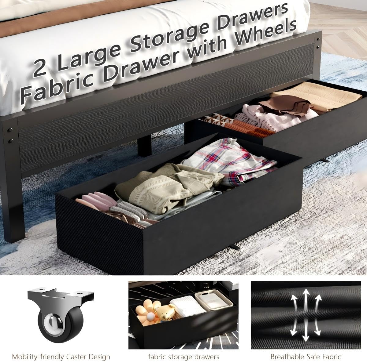 Furnulem Full Size Bed Frame with Charging Station and LED Lights, Grey Upholstered Headboard with Shelves, Metal Platform Bed with 2 Under-Bed Storage (Fabric Drawer on Wheels), No Box Spring Needed