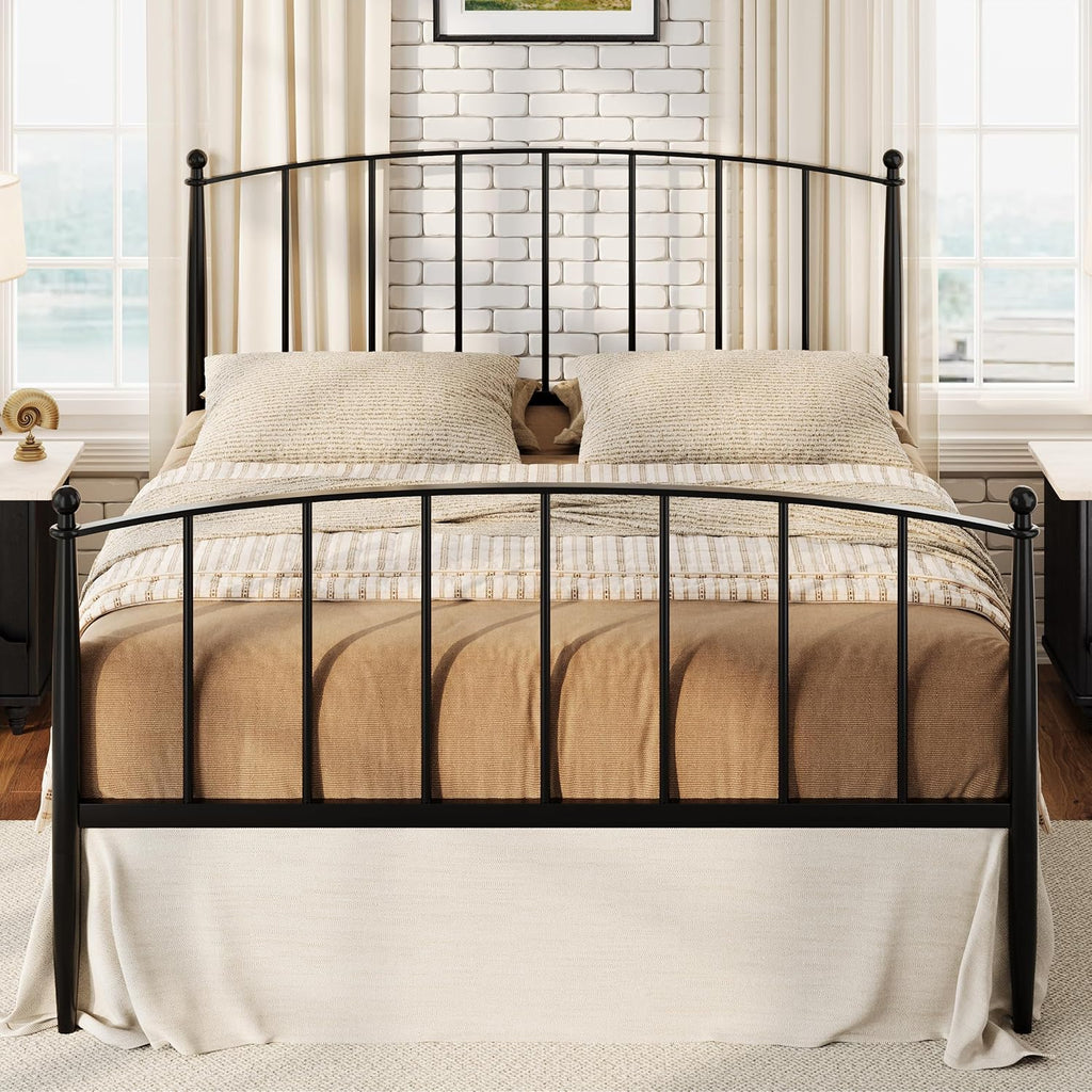 SHA CERLIN Queen Bed Frame, Metal Platform Bed with Victorian Style Iron-Art Headboard and Footboard, Easy Assembly, No Box Spring Needed, Black