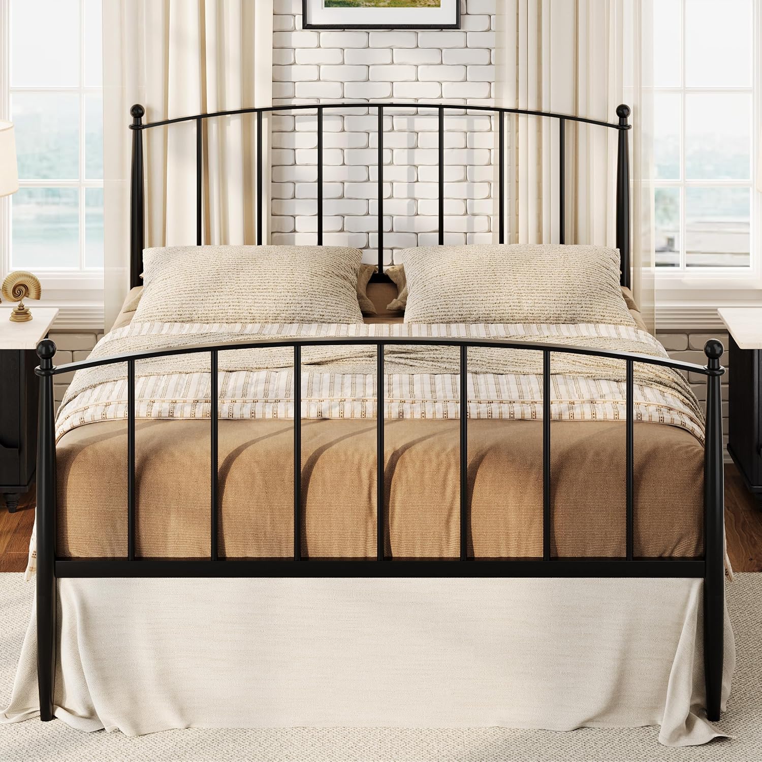 SHA CERLIN Queen Bed Frame, Metal Platform Bed with Victorian Style Iron-Art Headboard and Footboard, Easy Assembly, No Box Spring Needed, Black