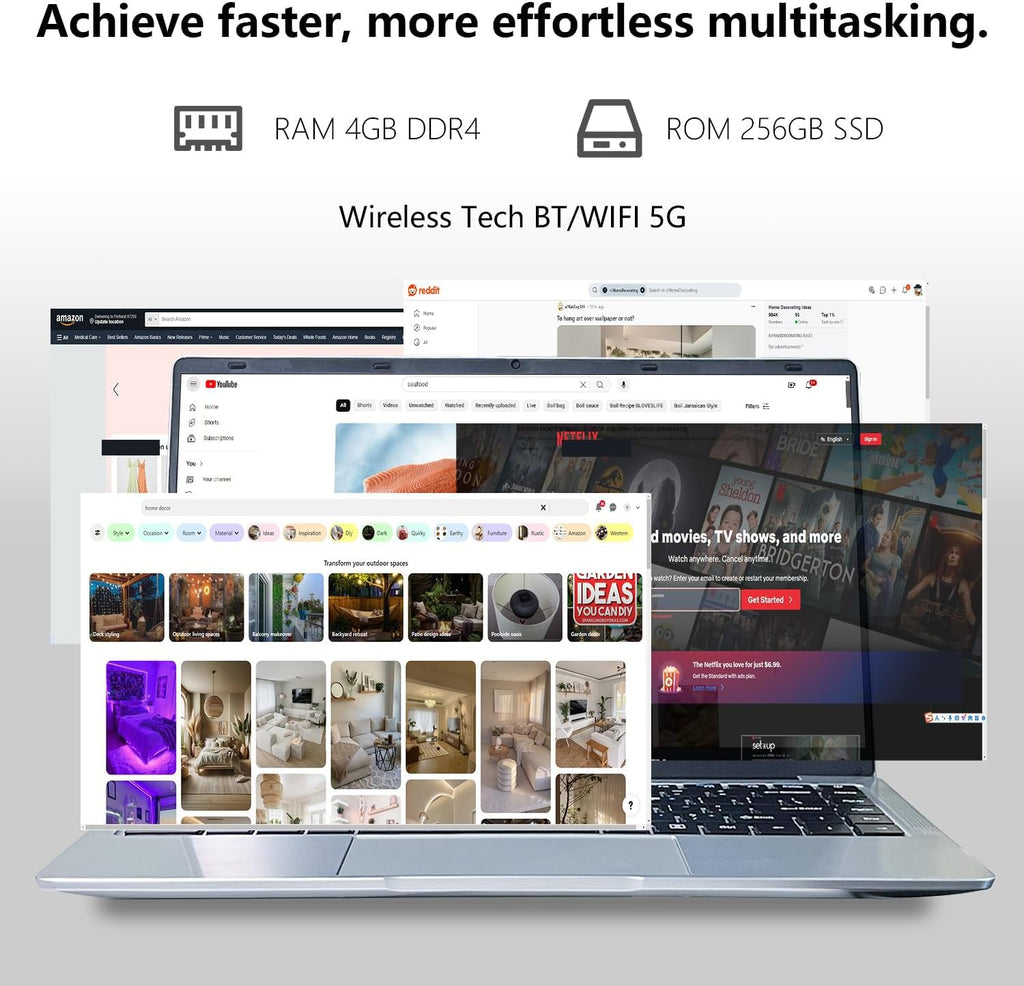 14.1 inch Laptop Computer, Quad Core Laptop Notebook Windows 11 Traditional Laptop with 4GB DDR4 256GB SSD 2.4/5G WiFi BT4.0 HDMI USB 3.0, Large Capacity Battery