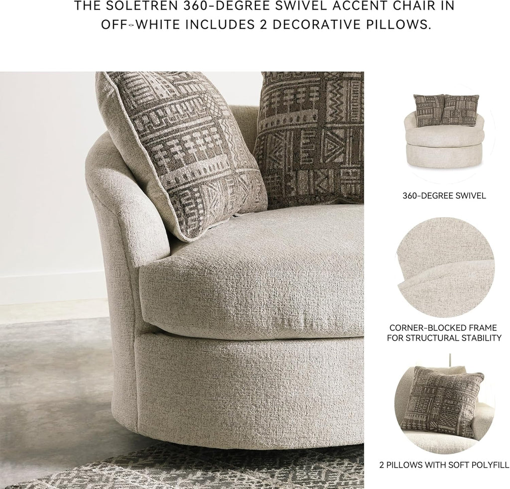 Signature Design by Ashley Soletren Contemporary Chenille 360-Degree Swivel Accent Chair, Off-White