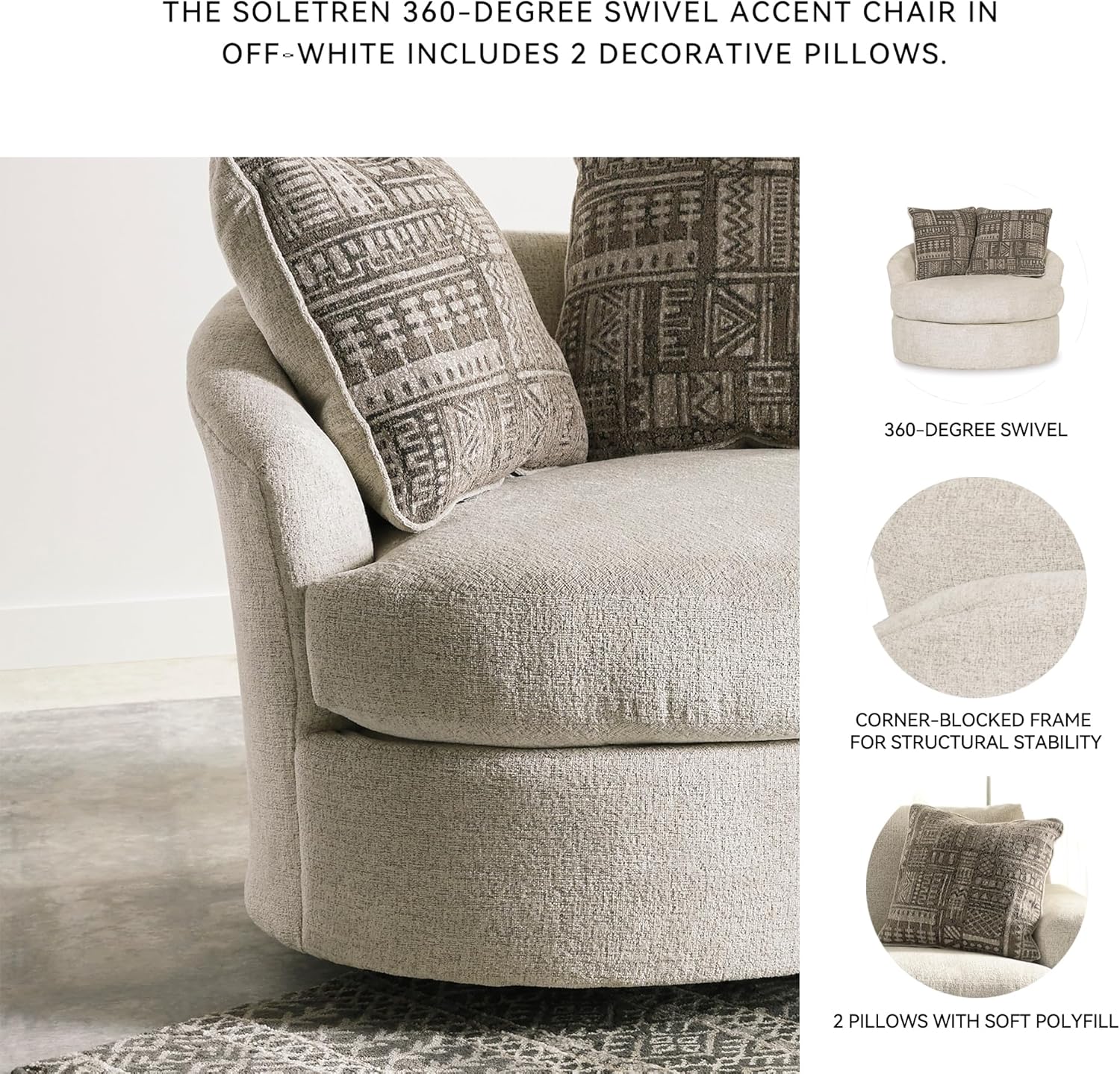 Signature Design by Ashley Soletren Contemporary Chenille 360-Degree Swivel Accent Chair, Off-White