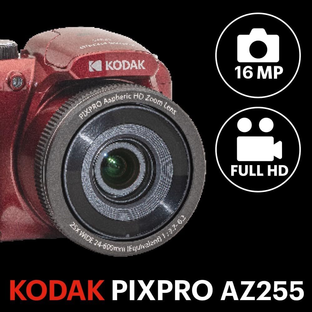 Kodak PIXPRO AZ255-RD 16MP Digital Camera 25X Optical Zoom 24mm Wide Angle Lens Optical Image Stabilization 1080P Full HD Video 3" LCD Vlogging Camera (Red)