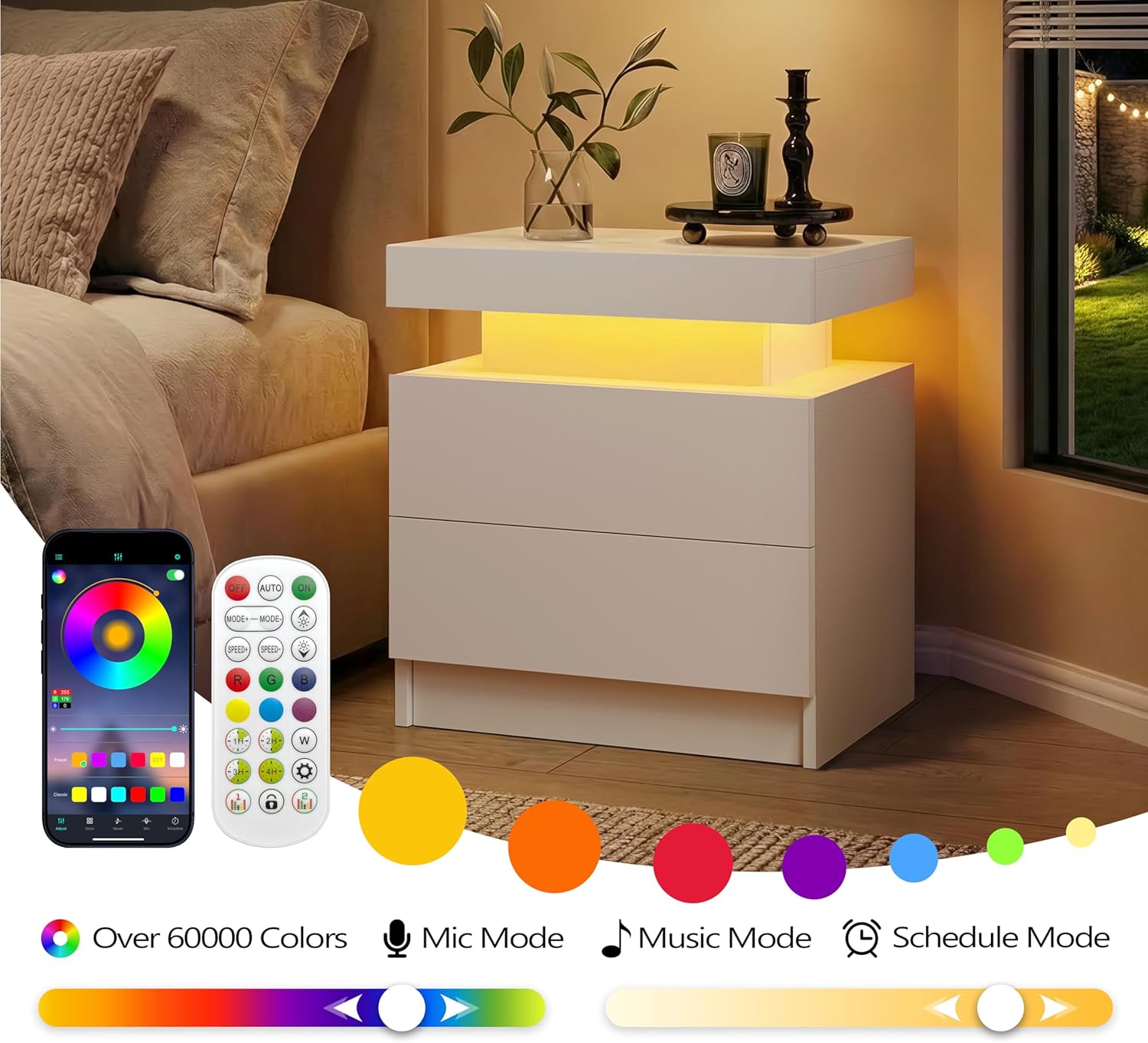 i-aplus Night Stand Set 2,LED Nightstands Set of 2,Bedside Table with Wood Drawers,Modern End Side Table for Bedroom,White