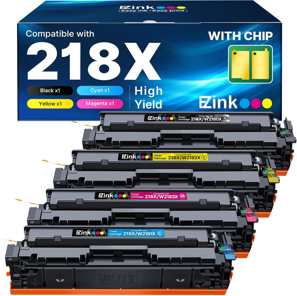 E-Z Ink 218X with Chip Compatible for HP 218X Toner Cartridges 4 Pack 218A Toner for HP Color LaserJet pro MFP 3301fdw Toner 3301cdw 3201dw 3301sdw Printer Ink Set W2180A W2180X (BCMY)