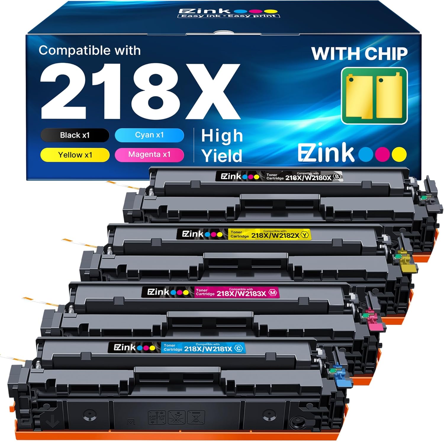 E-Z Ink 218X with Chip Compatible for HP 218X Toner Cartridges 4 Pack 218A Toner for HP Color LaserJet pro MFP 3301fdw Toner 3301cdw 3201dw 3301sdw Printer Ink Set W2180A W2180X (BCMY)