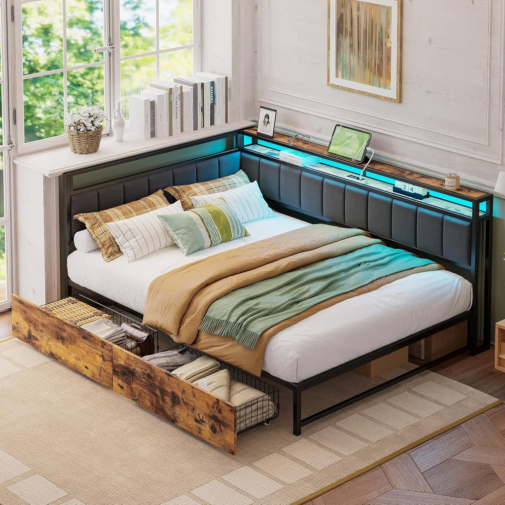 LIKIMIO Corner Bed Frame Full Daybed with Storage Drawers, Metal Platform Bed Frame with LED Light, Charging Station & Fabric Upholstered Fence, Black
