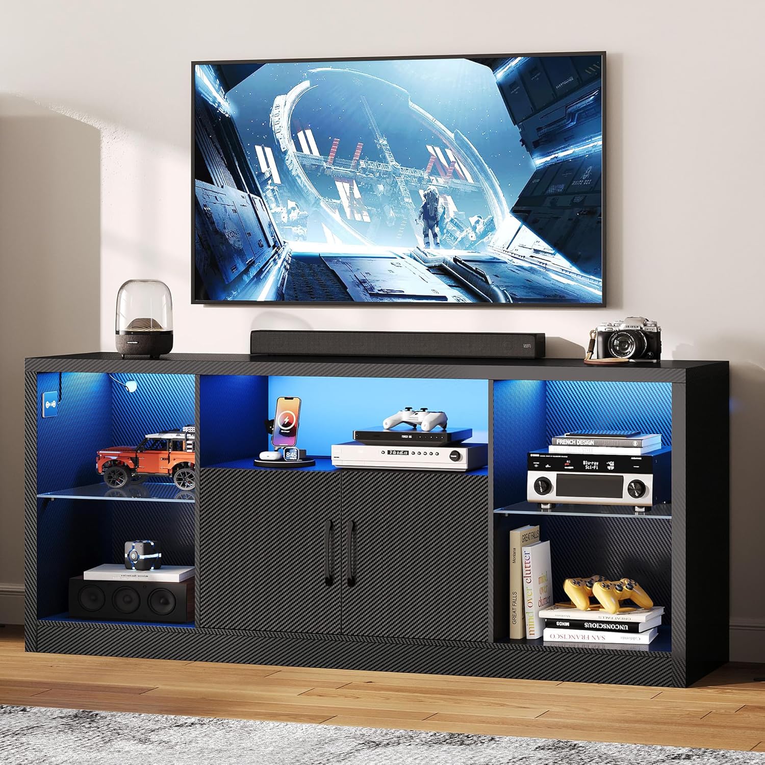 IRONCK TV Stand for TVs 65 inch with Power Outlet and LED Lights, Carbon Fiber Entertainment Center with Storage Cabinets, Adjustable Glass Shelves, Modern TV Stands for Living Room, Black