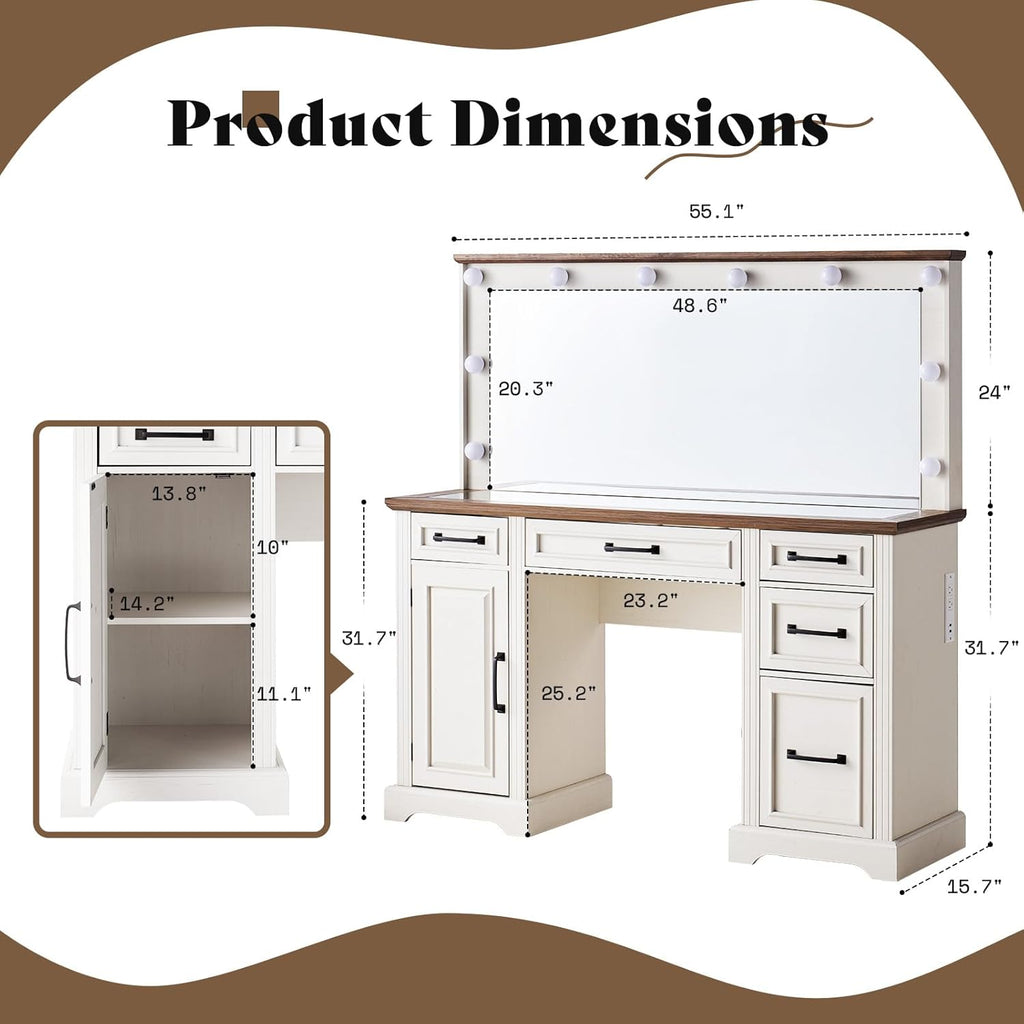 AMERLIFE 55" W Makeup Vanity with Hollywood Mirror, Glass Top Vanity with 5 Drawers & Charging Station, 10 Detachable Light Bulbs, Adjustable Brightness, Antique White
