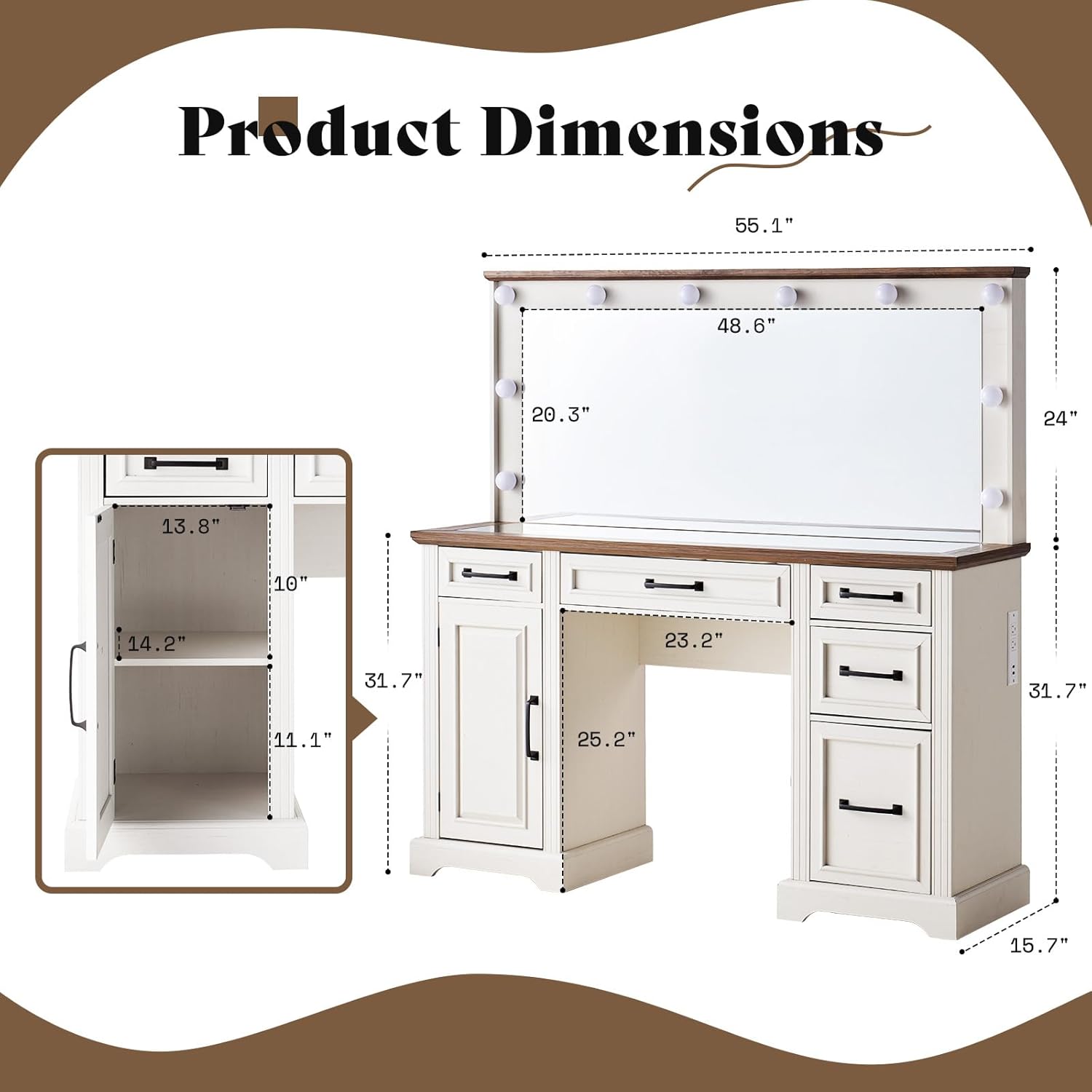 AMERLIFE 55" W Makeup Vanity with Hollywood Mirror, Glass Top Vanity with 5 Drawers & Charging Station, 10 Detachable Light Bulbs, Adjustable Brightness, Antique White