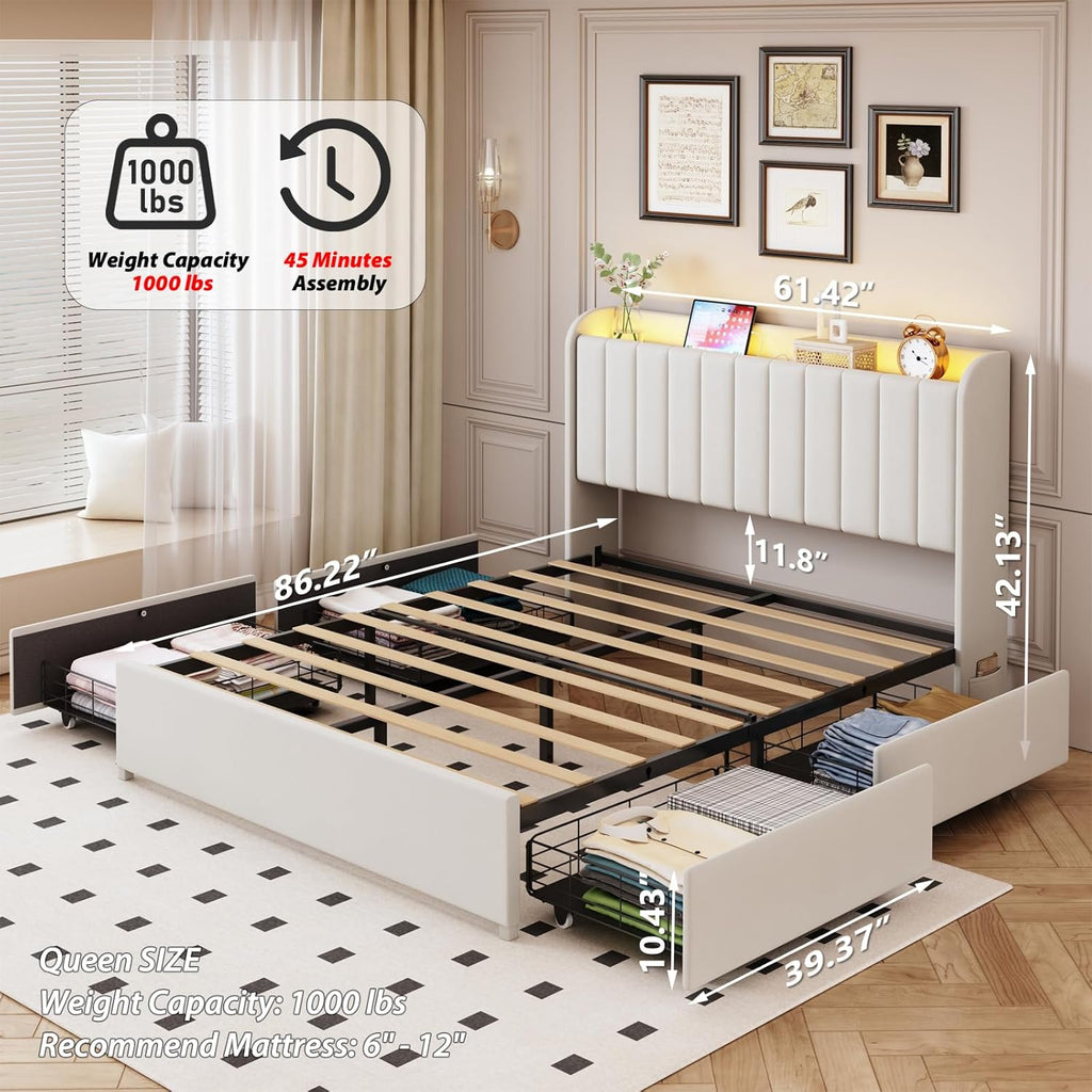 Queen Bed Frame with 4 Drawers and Storage Headboard, Upholstered Platform Bed Frame Queen Size with Led Lights and Handy Charging Station, No Box Spring Needed, Easy Assembly, Noise Free, Beige