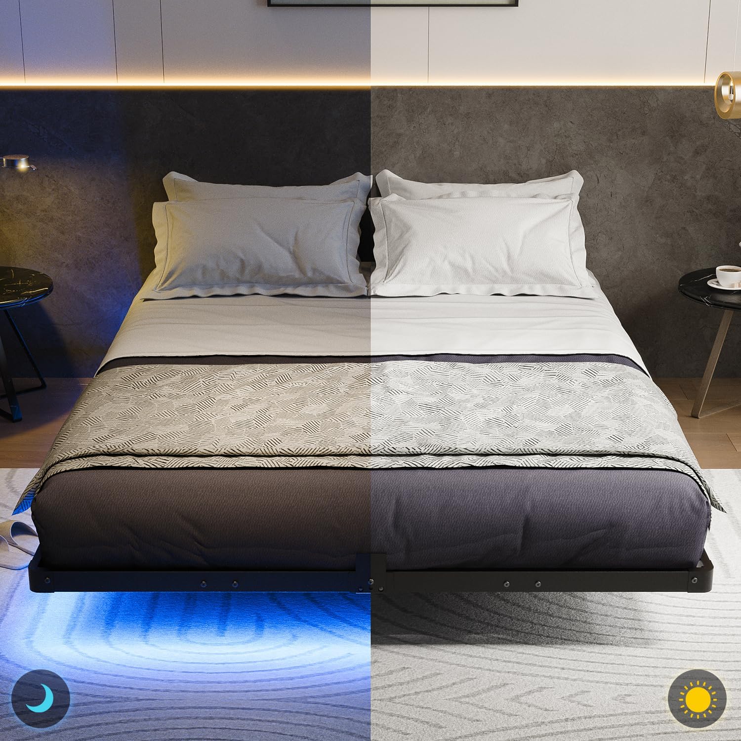 Liians Queen Size Floating Bed Frame with USB Charging Station and LED Lights, Modern Metal Platform Bed Frame with Mattress Slide Stopper, Noise Free No Box Spring Needed and Easy Assembly