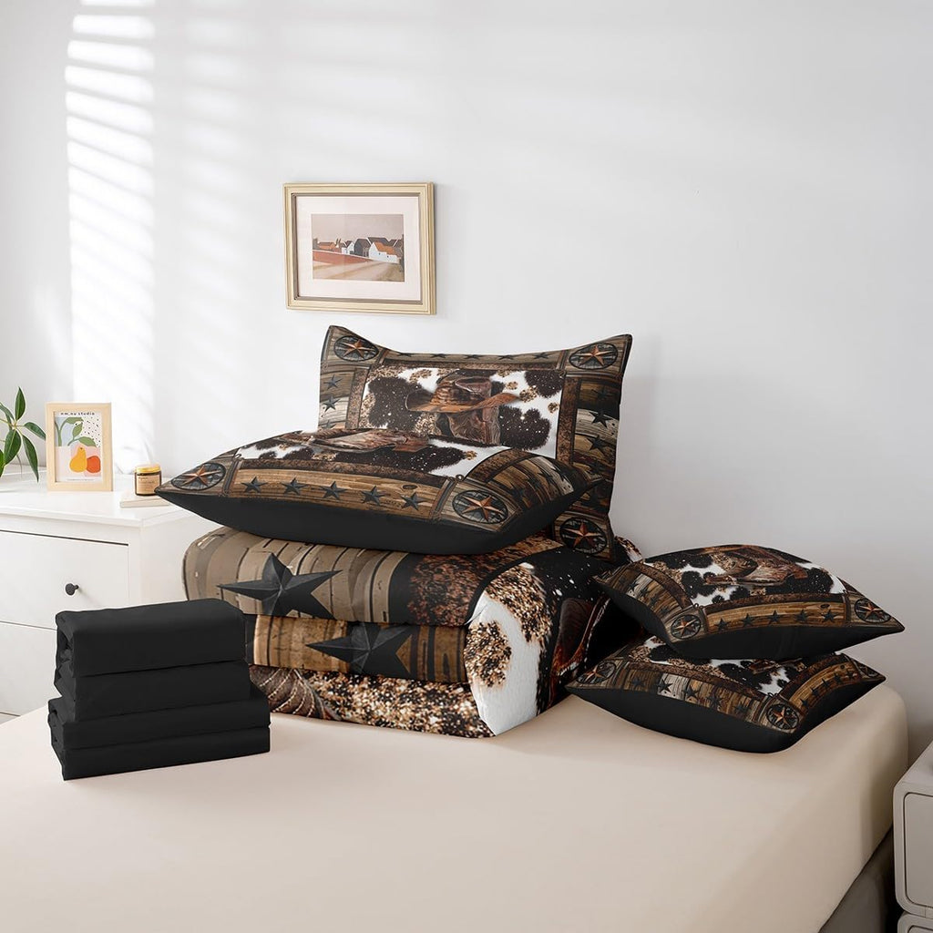 Feelyou Brown Western Aztec 7 Pieces Bedding Set King Size Cowboy Boots Hat Comforter Set with Sheets for Kids Boys Girls Decor West Texas Star Cow Fur Printed Rustic Bed in a Bag Soft Bedroom Decor