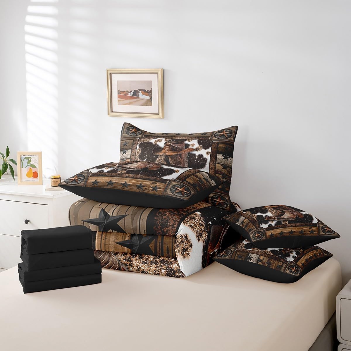 Feelyou Brown Western Aztec 7 Pieces Bedding Set King Size Cowboy Boots Hat Comforter Set with Sheets for Kids Boys Girls Decor West Texas Star Cow Fur Printed Rustic Bed in a Bag Soft Bedroom Decor