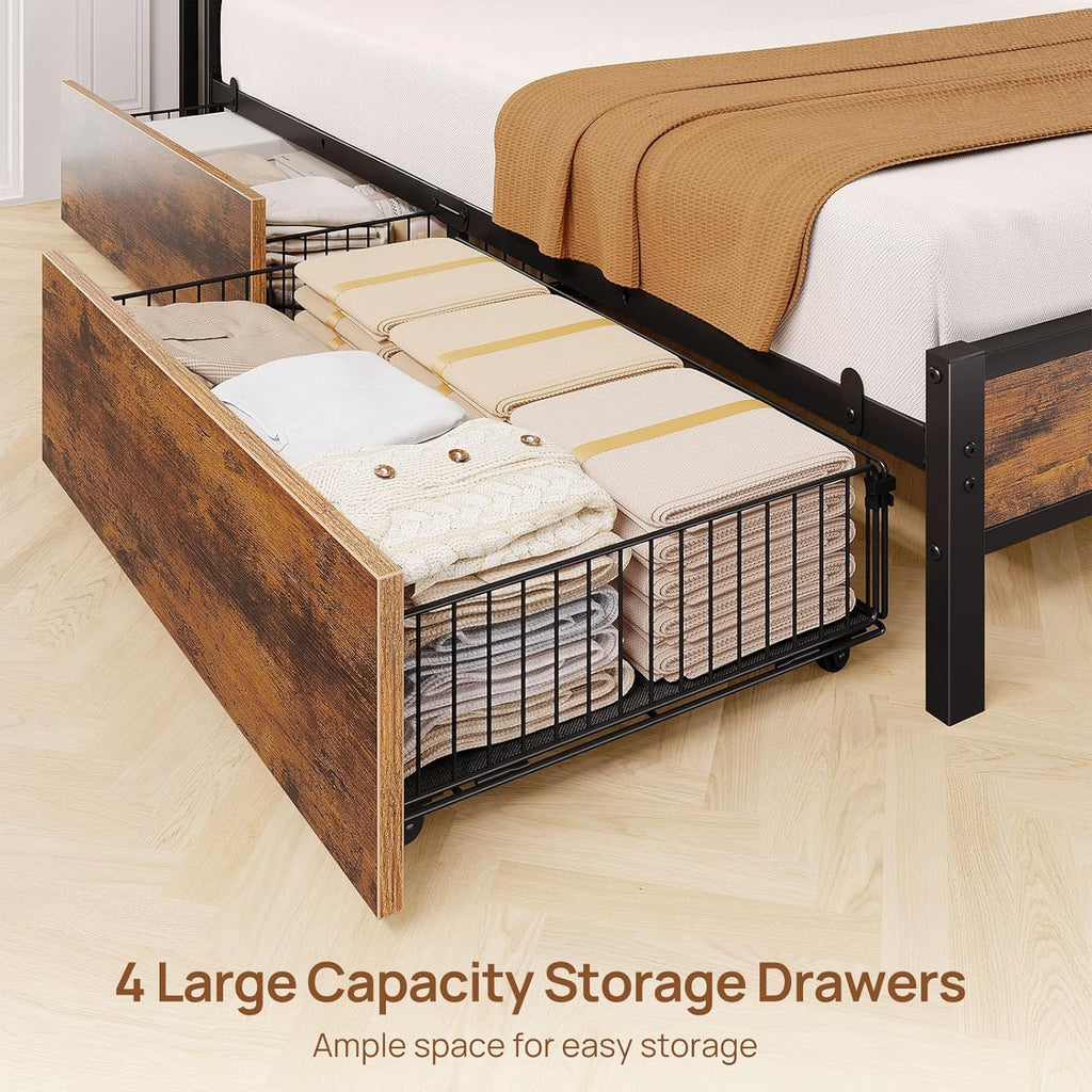 Rolanstar Bed Frame Full Size with Charging Station and LED Lights, Upholstered Storage Headboard with Drawers, Heavy Duty Metal Slats, No Box Spring Needed, Easy Assembly, Rustic Brown